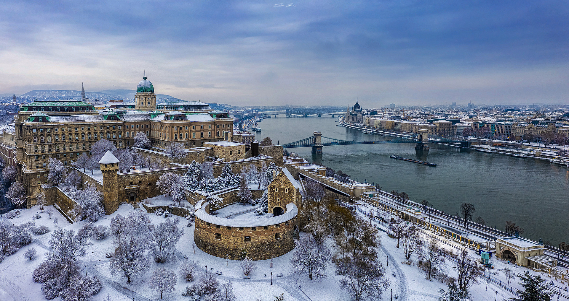 Snowy Buda Castle Royal Palace and Széchenyi Chain Bridge at Winter Time