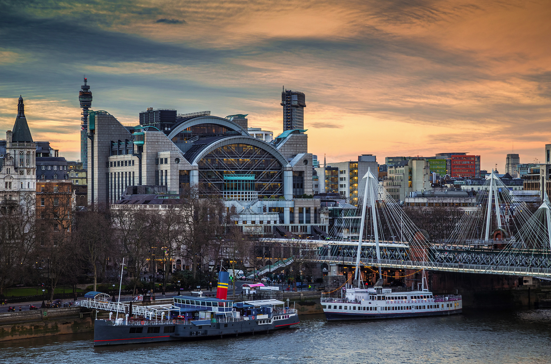 Charing Cross station with Hungerford Bridge and Golden Jubilee Bridges