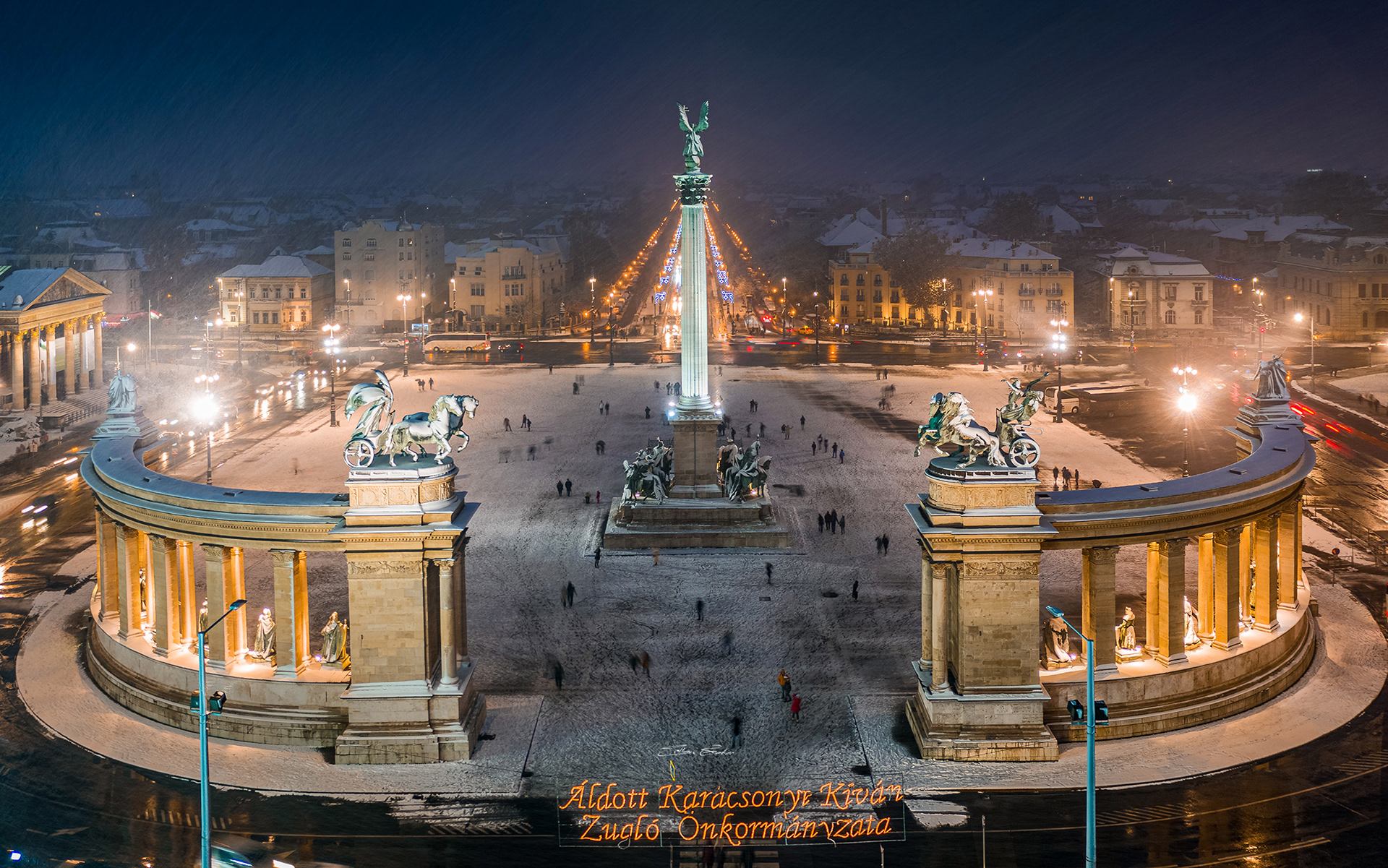 Snowy Heroes' Square at Christmas Time