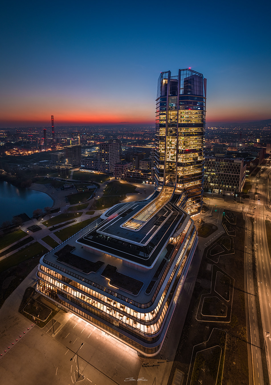 Budapest, Hungary - MOL Campus skyscraper from above