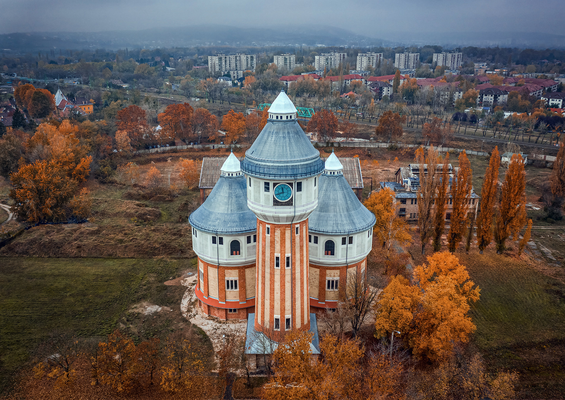 Aerial view of the old Gas Factory of Óbuda at autumn - Budapest, Hungary