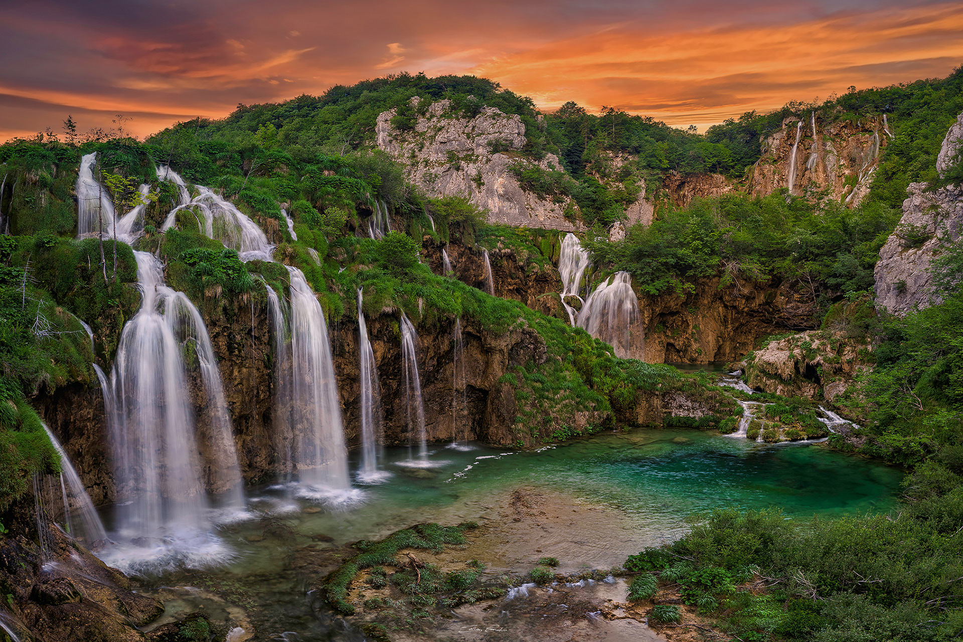 Plitvice Lakes at sunset
