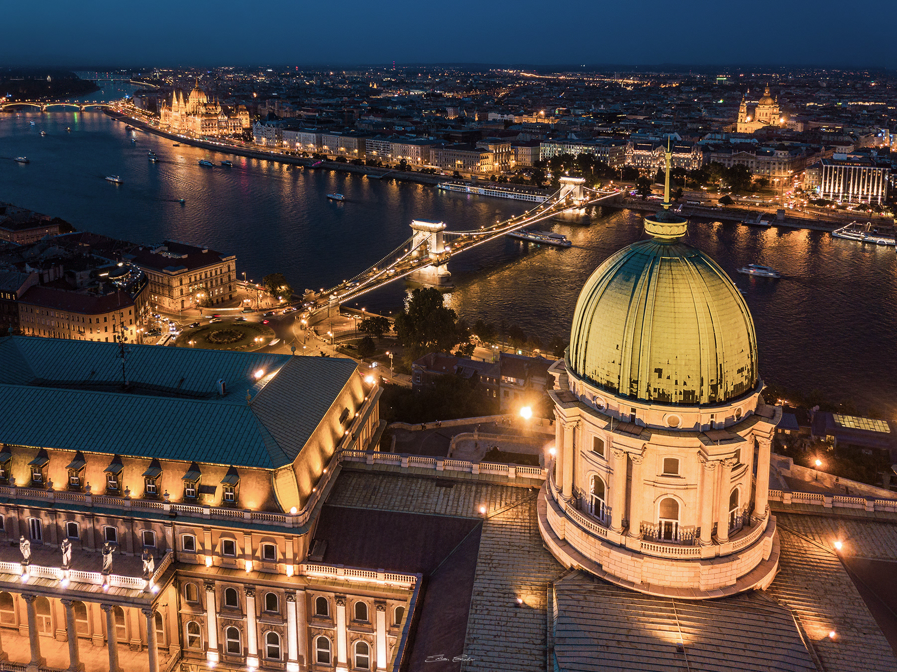 Illuminated Buda Castle and Széchenyi Chain Bridge at Blue Hour