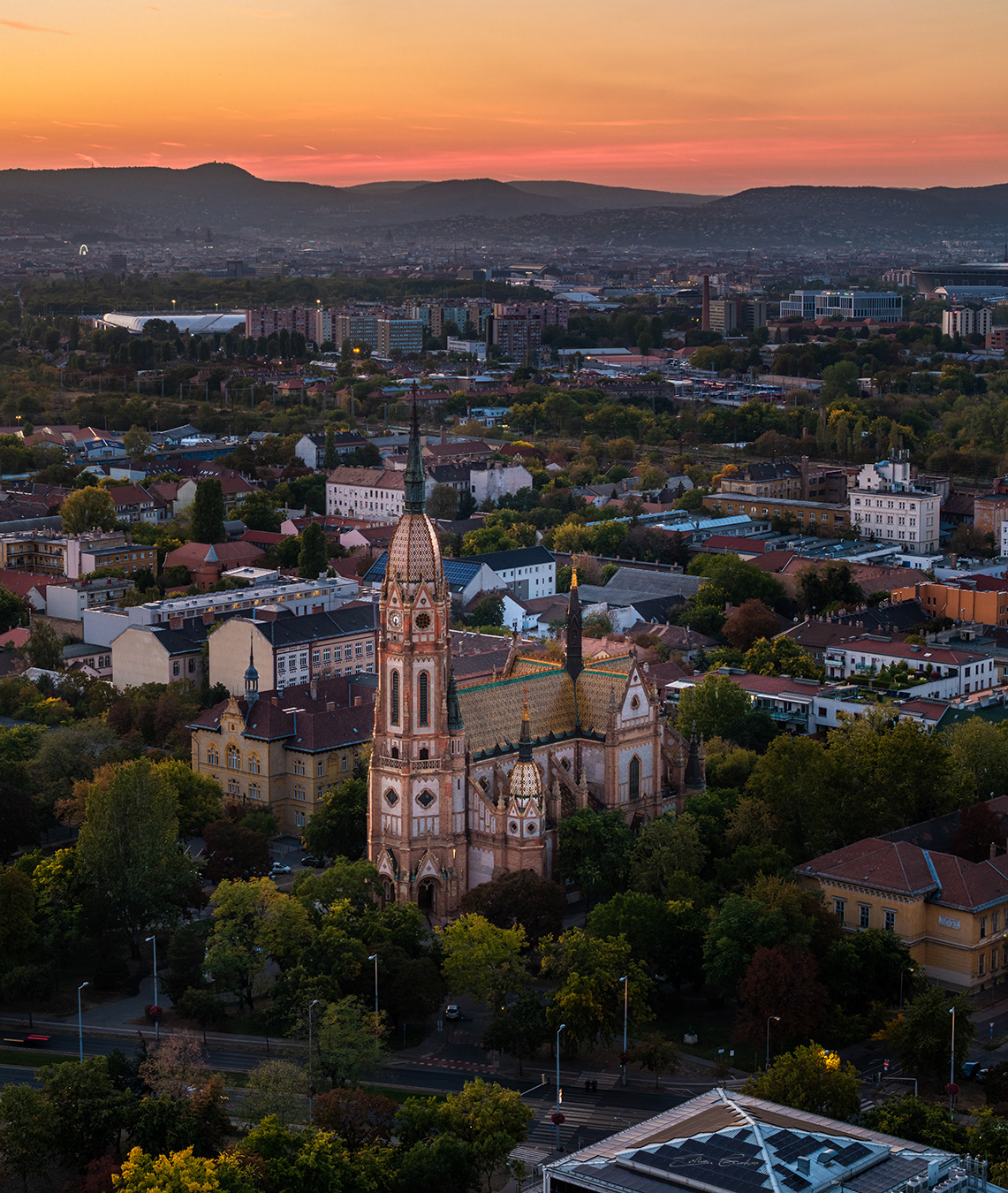 The Church of St. László from above at sunset