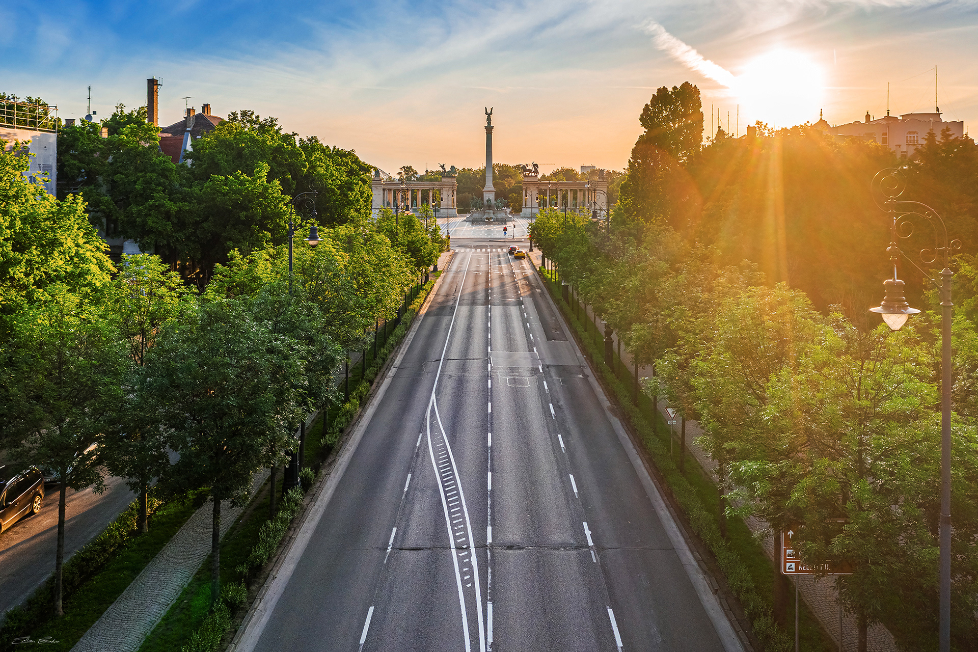 Sunrise over Andrassy street and Heroes' Square