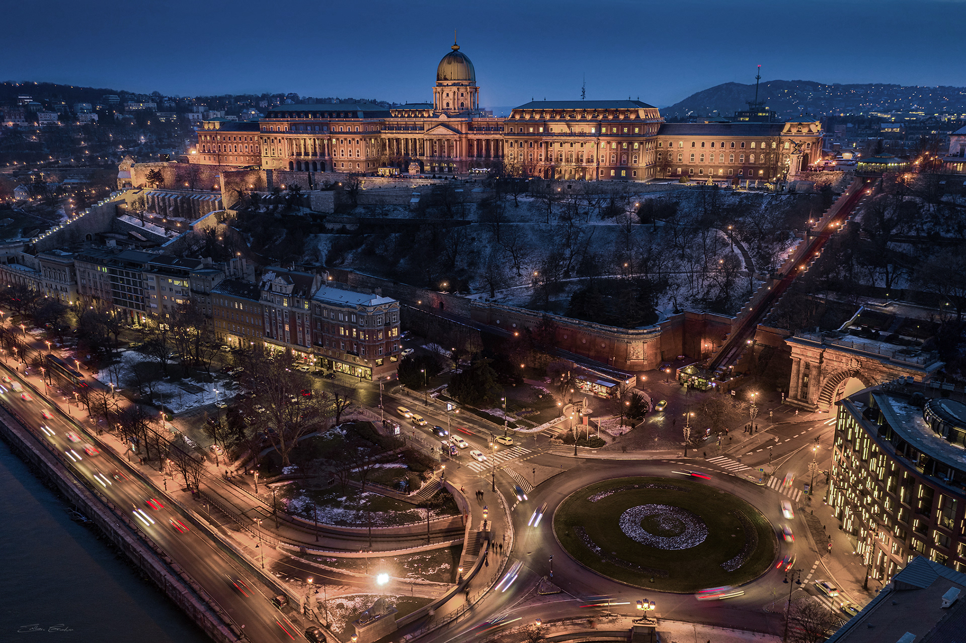 Illuminated Buda Castle and Clark Adam Square Roundabout at Blue Hour