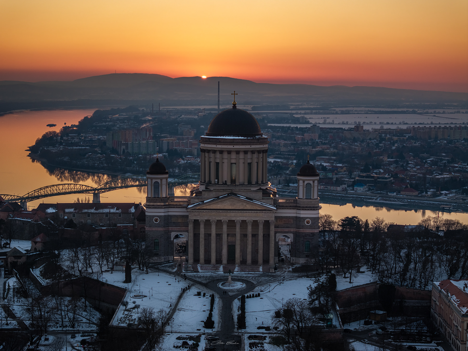 Sunset and the Basilica of Esztergom at winter time