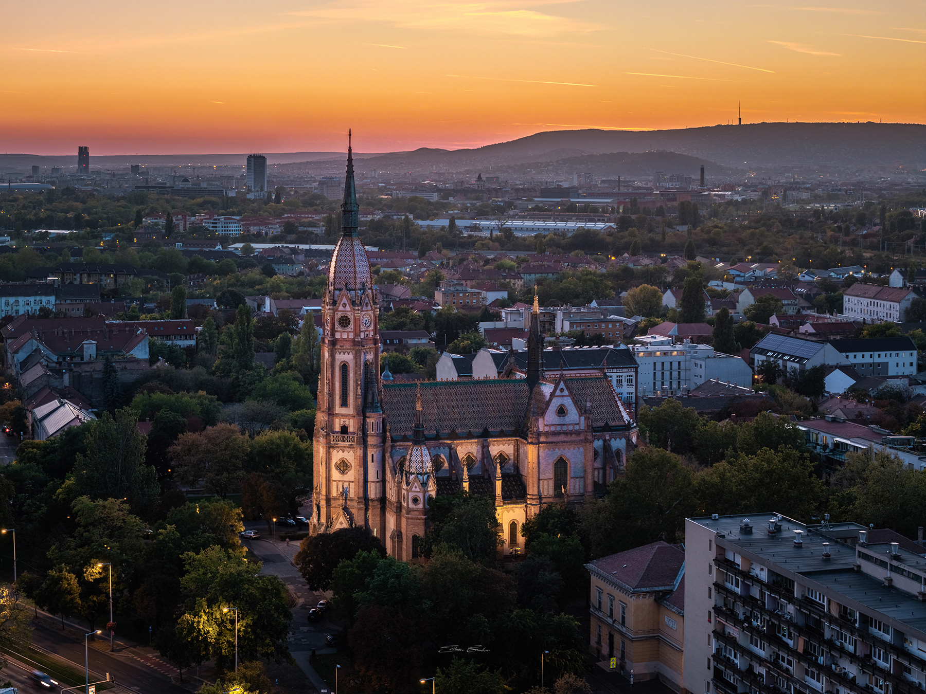 The Church of St. László from above at sunset