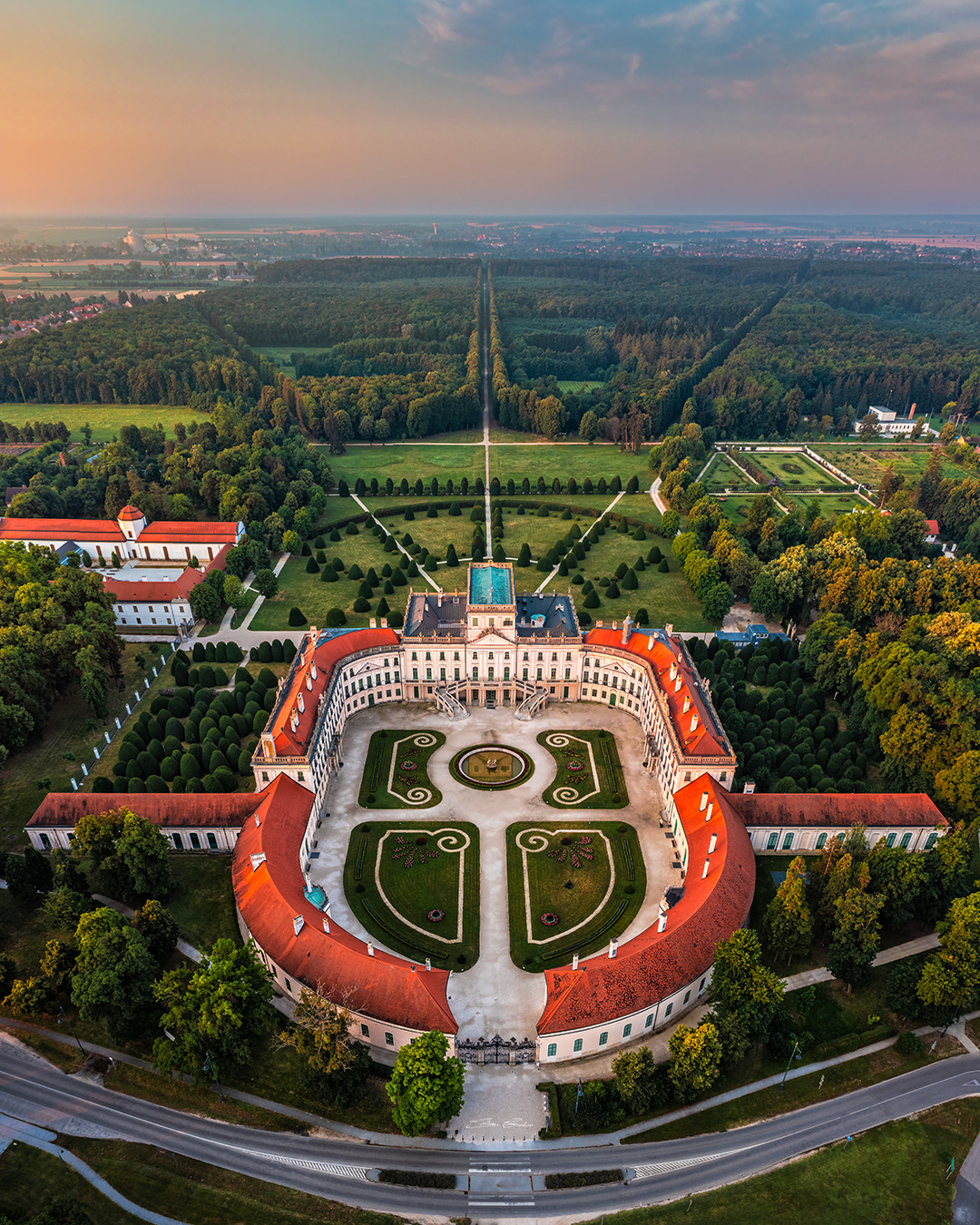 Eszterhazy Palace at sunrise from above