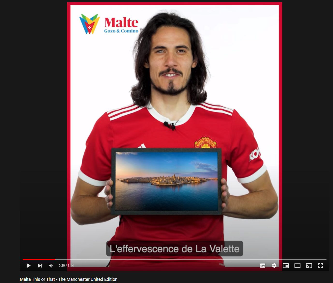 Edi Cavani, a striker for Premier League club Manchester United and the Uruguay national football team, holding my panoramic photograph of Valletta, Malta in a video
