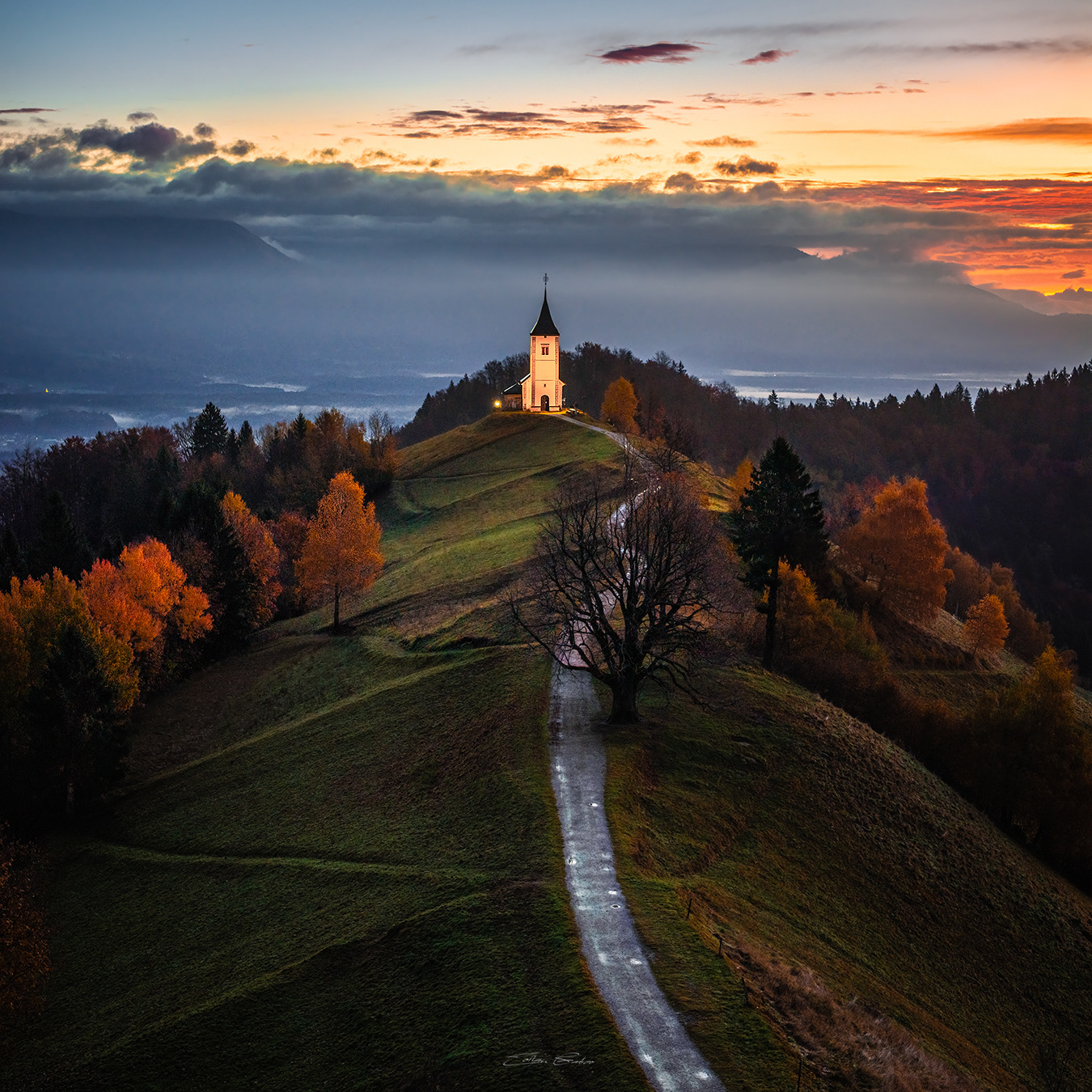 Aerial view of St.Primoz church - Jamnik