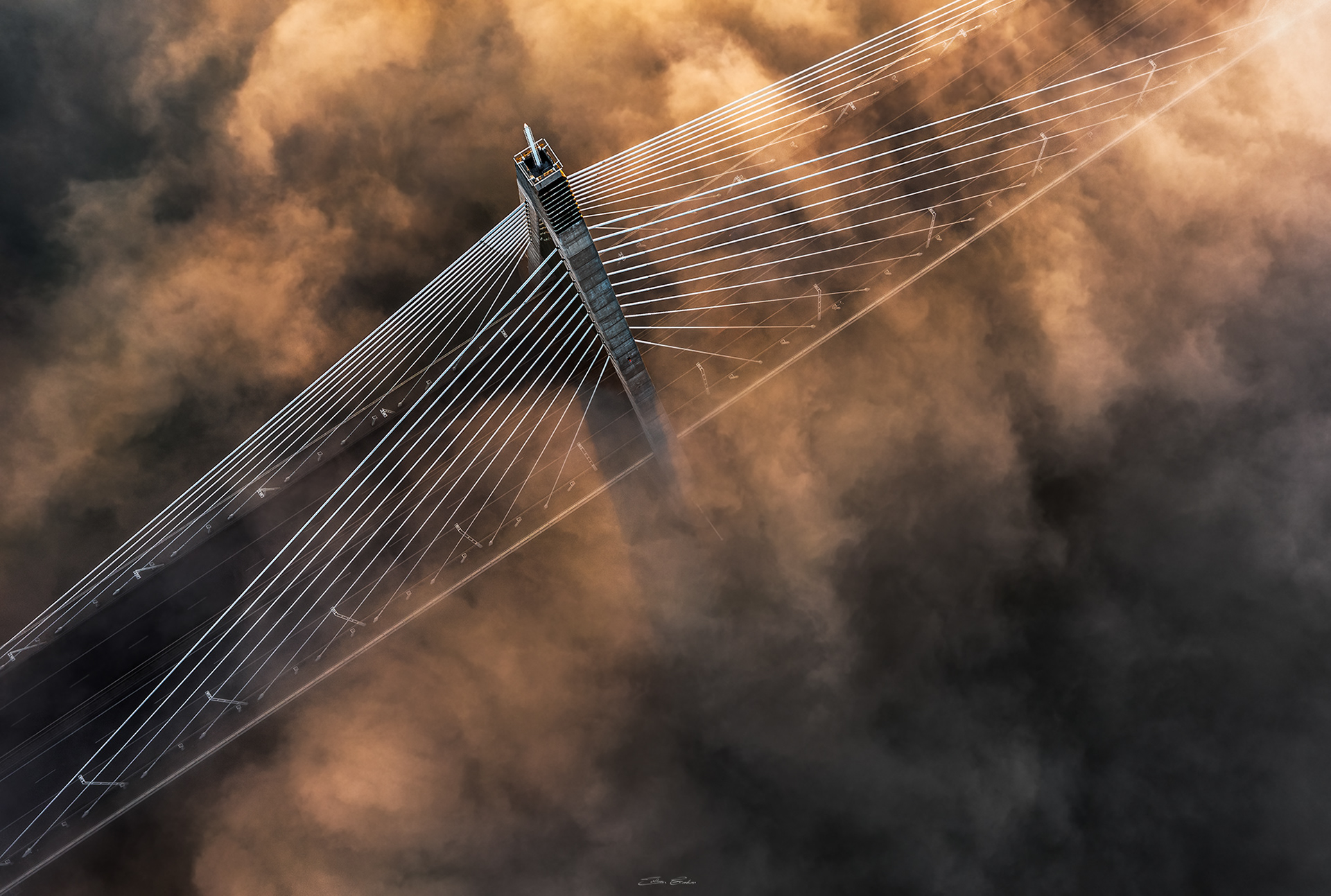 Megyeri Bridge in heavy autumn fog from above