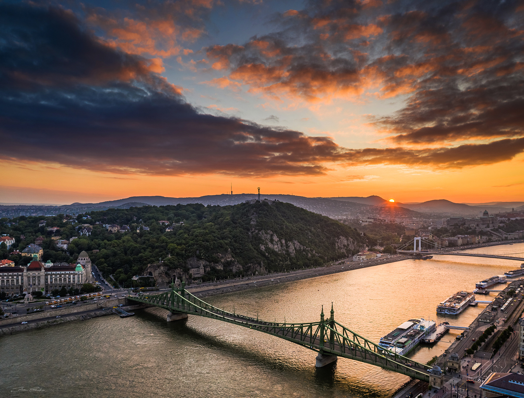 Liberty Bridge and Gellert Hill at sunset