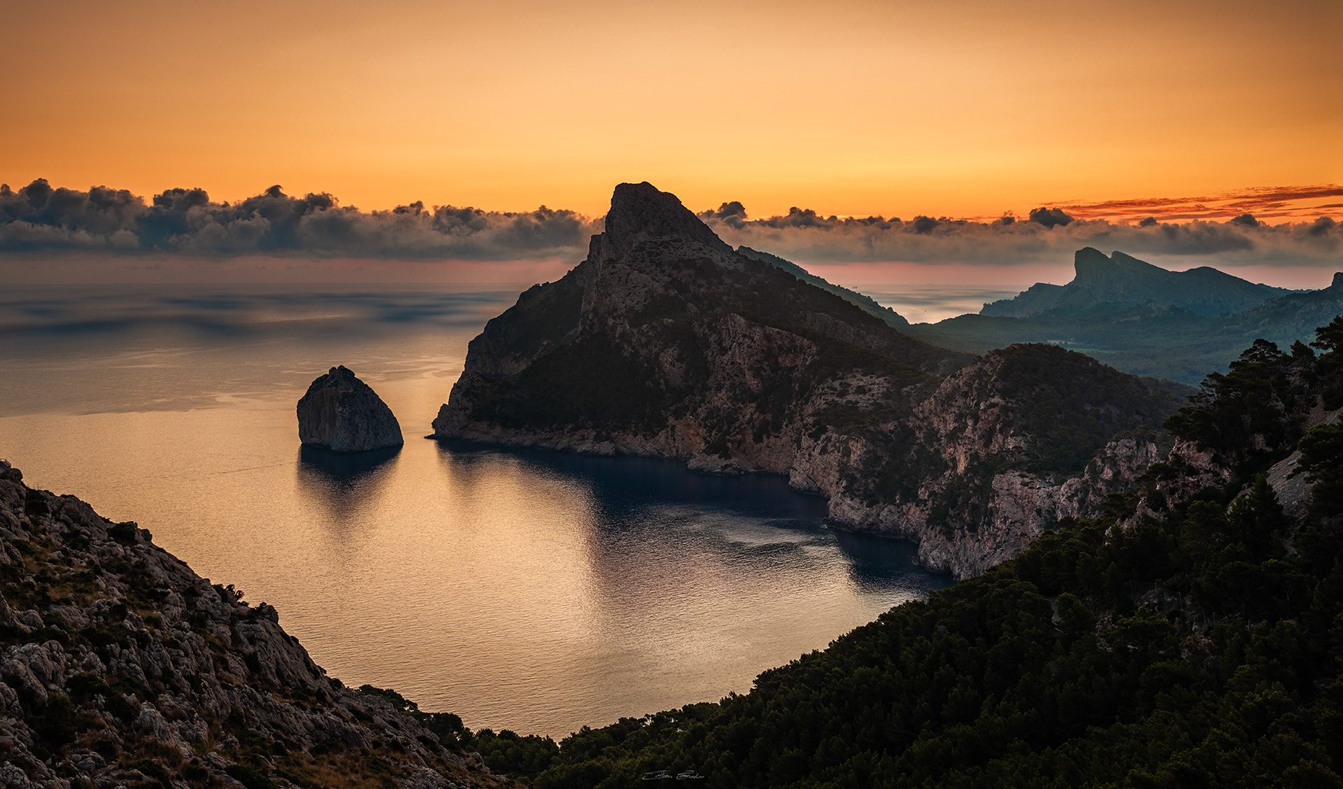 Aerial view of the cliffs of Cap de Formentor with a spectacular sunrise