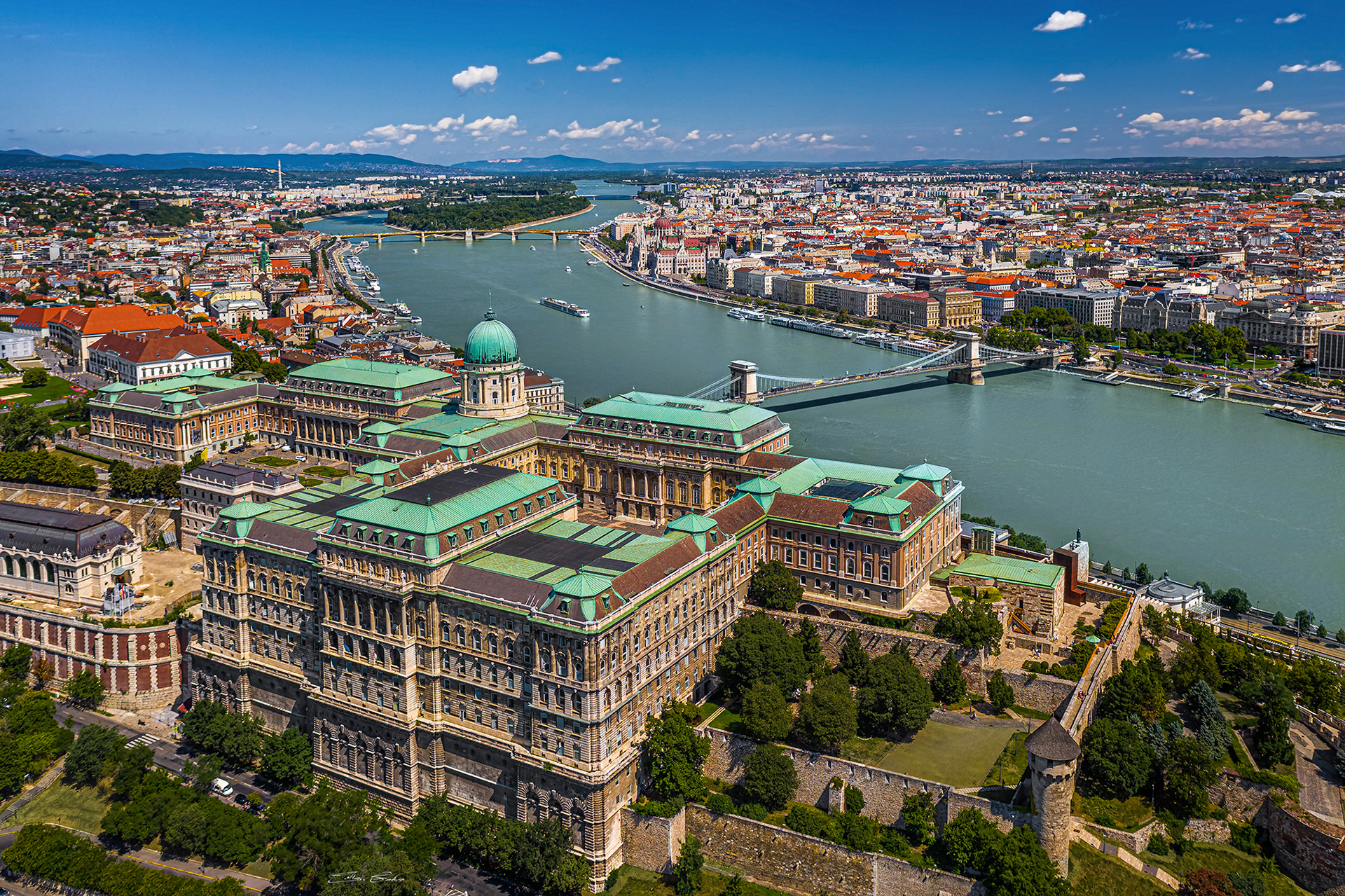 Aerial view of Buda Castle on a sunny summer day