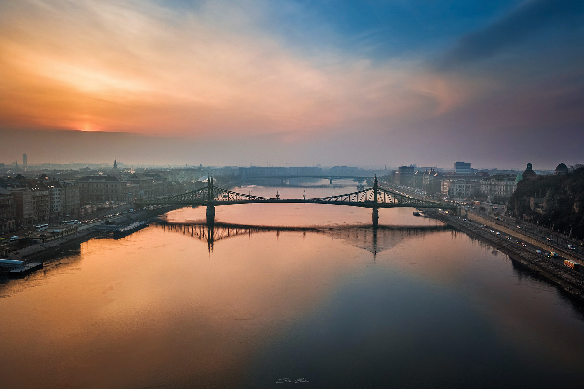 Aerial view of Liberty Bridge at sunrise over River Danube