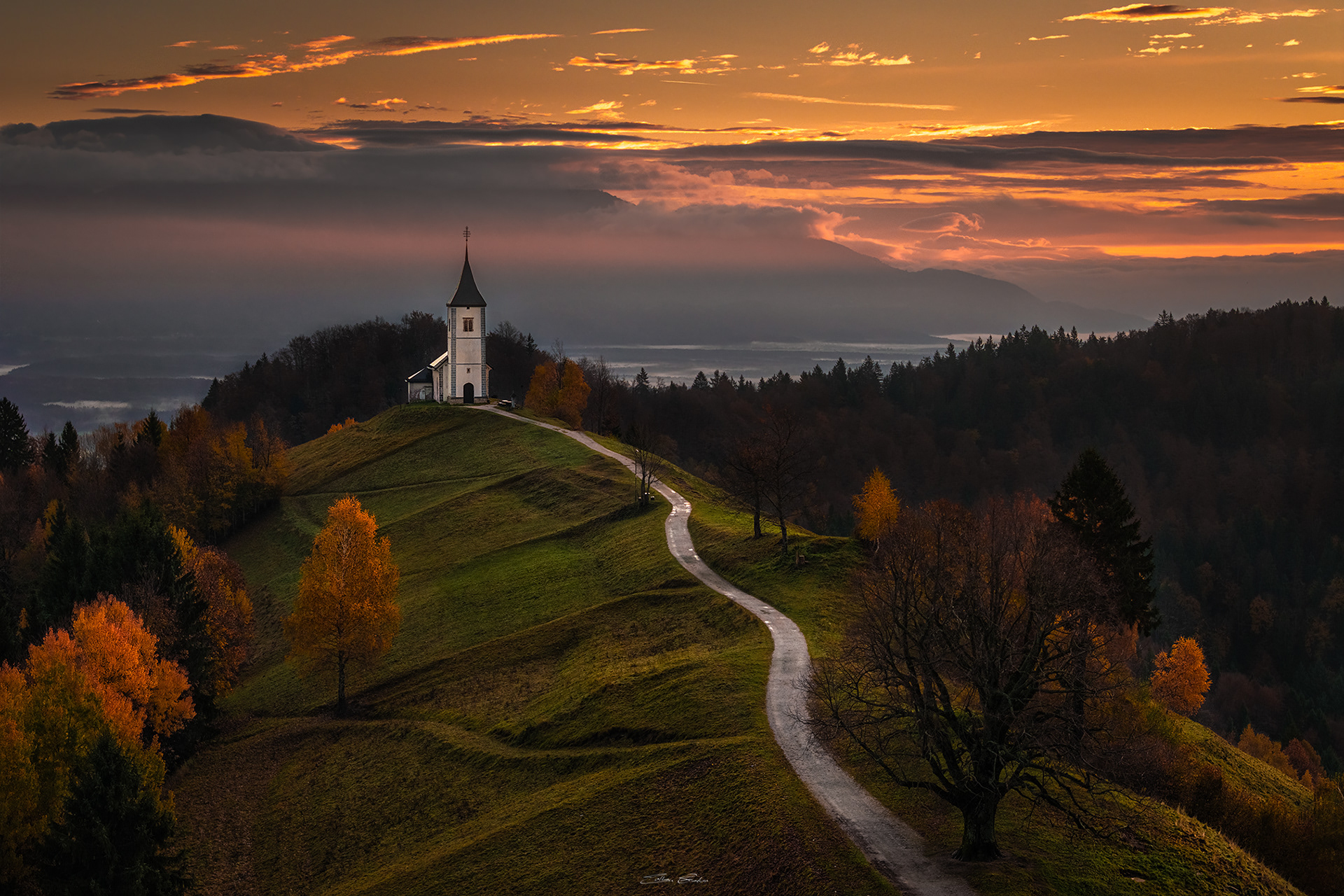 Aerial view of St.Primoz church - Jamnik