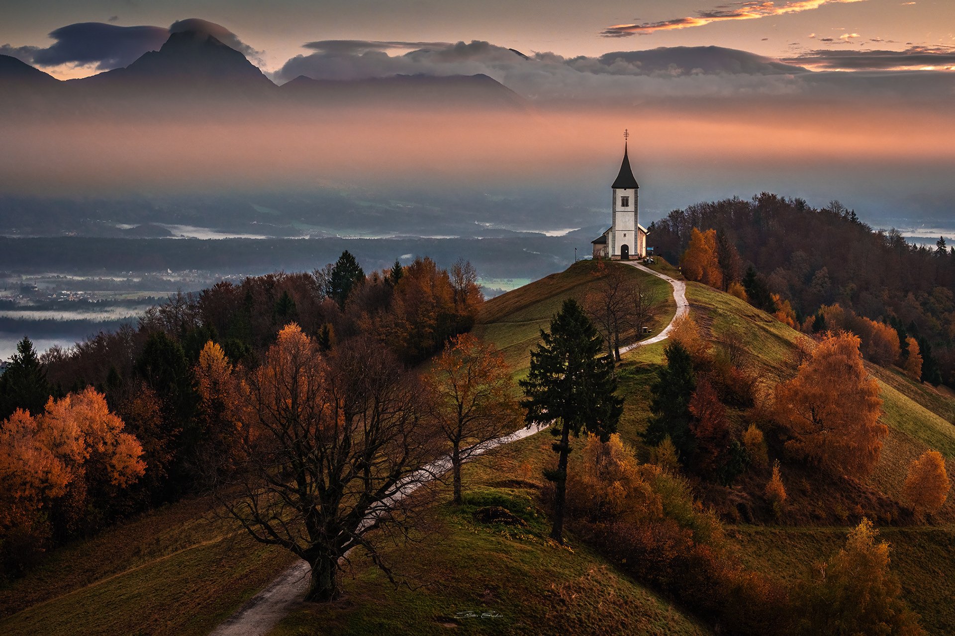 Aerial view of St.Primoz church - Jamnik