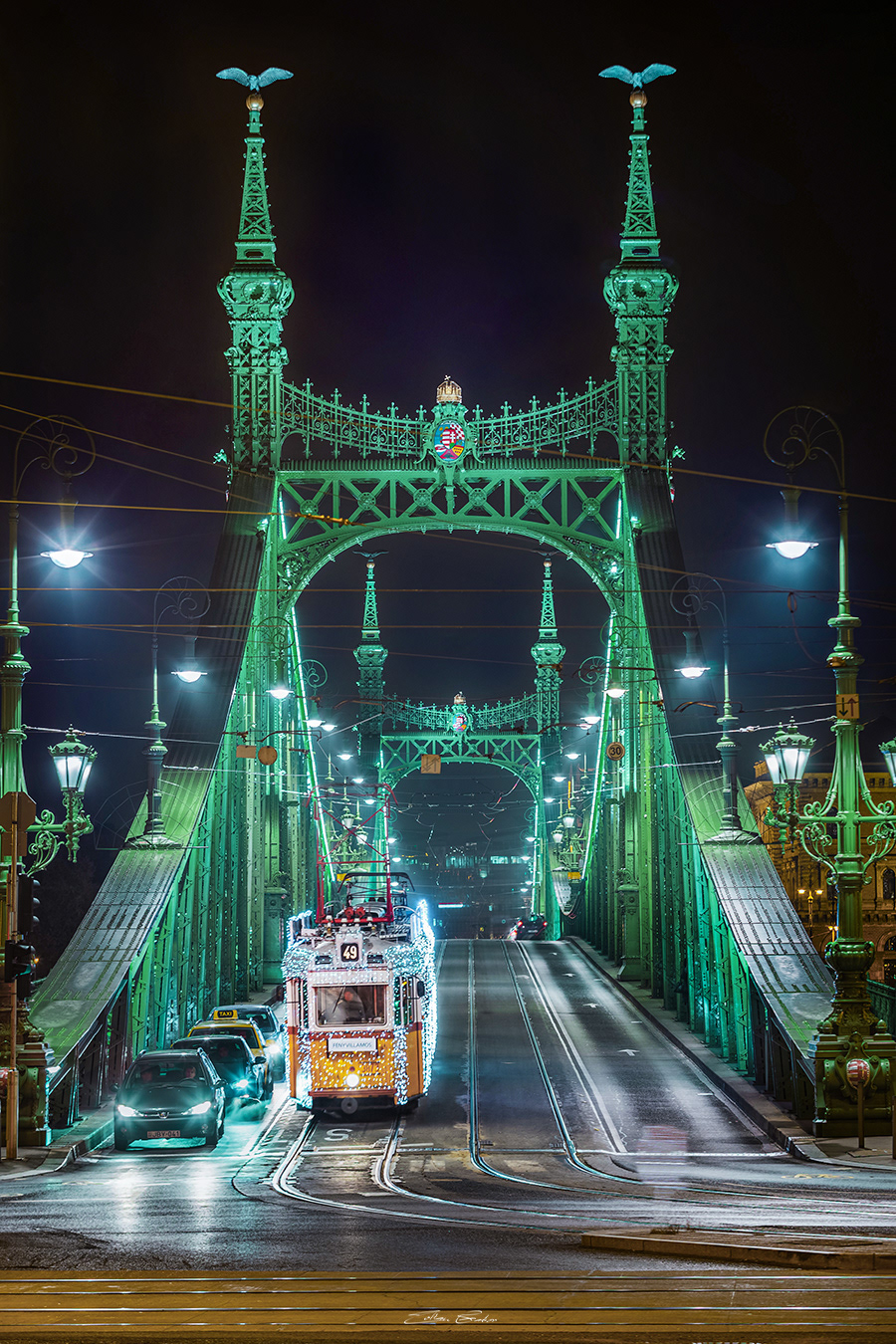 Christmas Light Tram (Fényvillamos or Csillamos) on Liberty Bridge