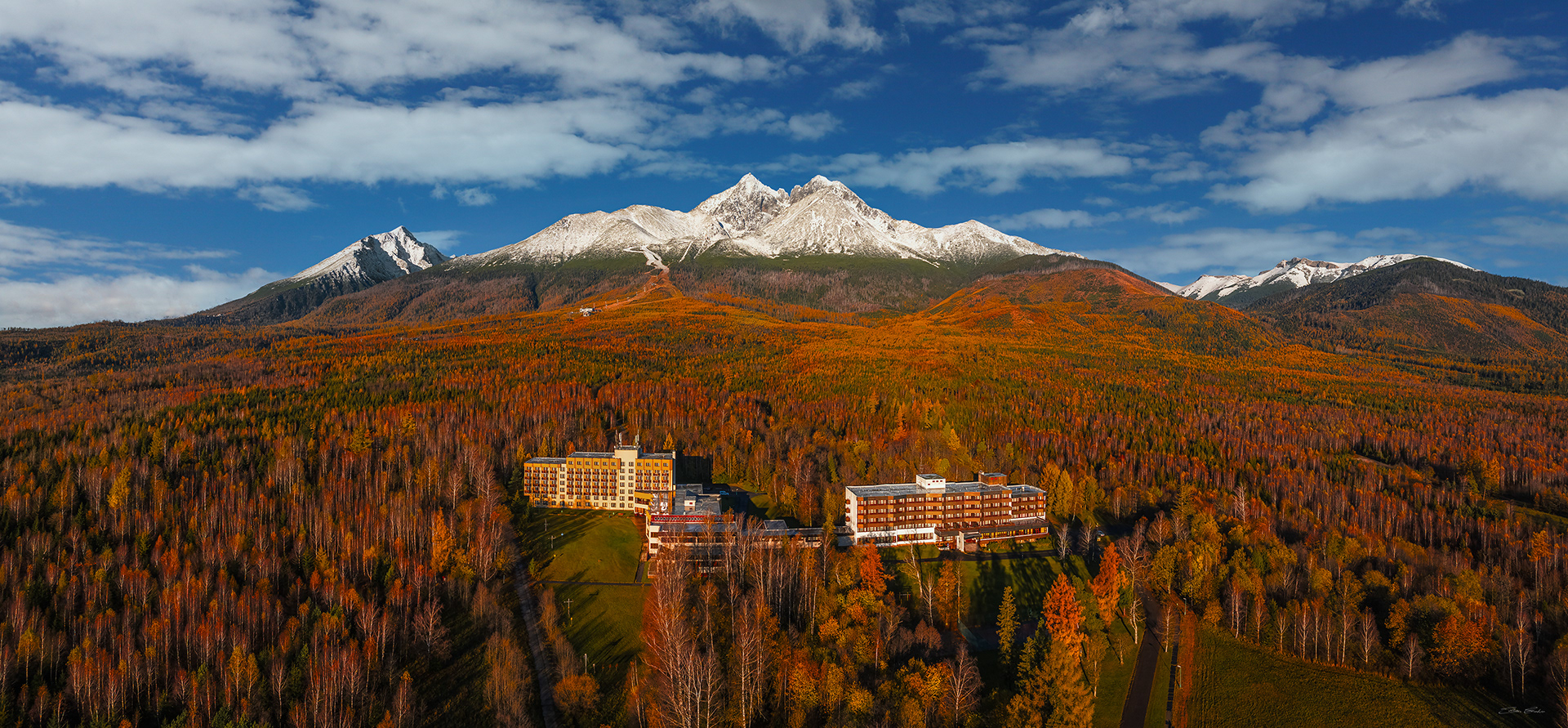 Aerial panoramic view of the Lomnický štít in High Tatras at autumn