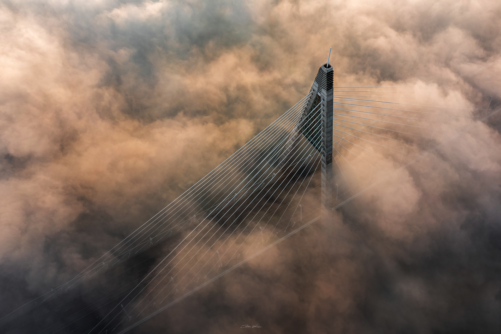 Megyeri Bridge in heavy autumn fog from above