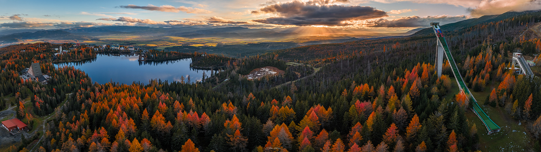 Aerial panoramic view of Strbske lake
