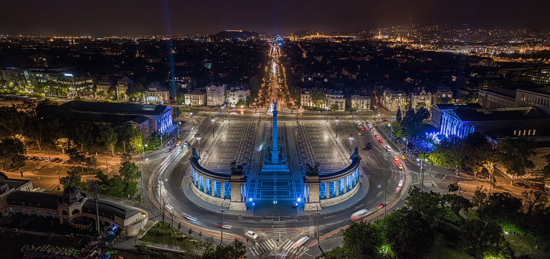 Aerial panoramic view of Heroes' Square in unique blue lights