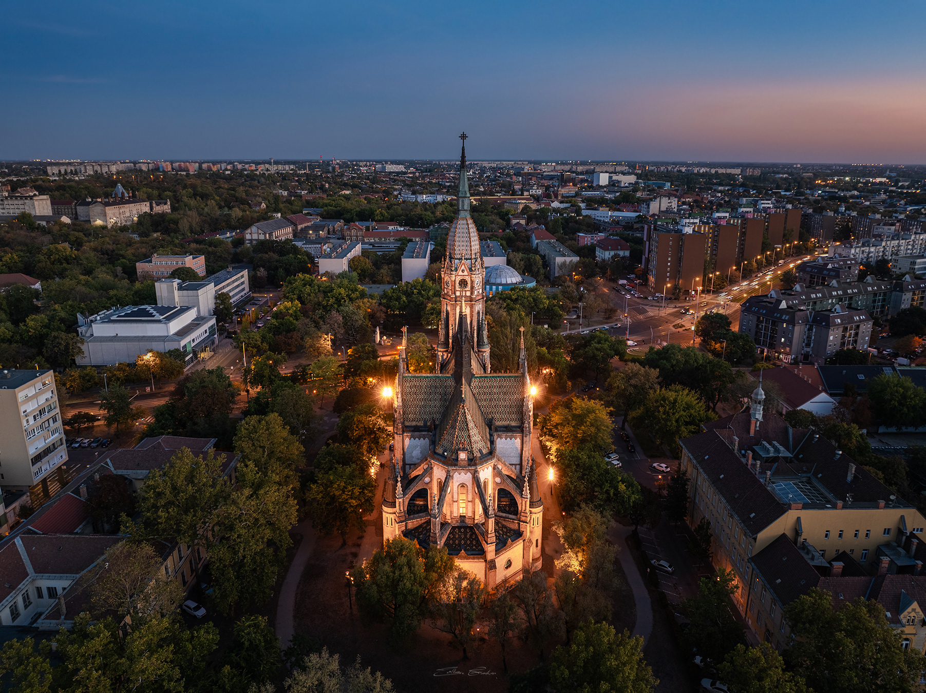 The Church of St. László from above at dusk