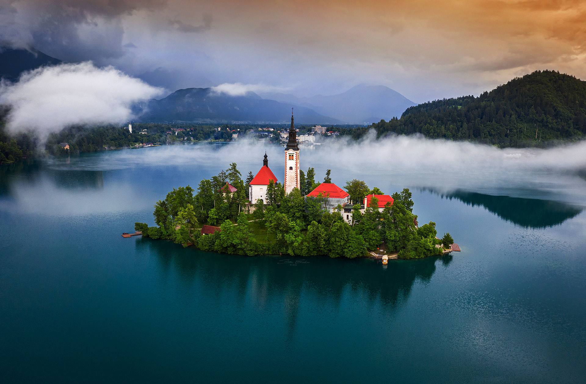 Aerial view of Church of the Assumption of Mary - Lake Bled