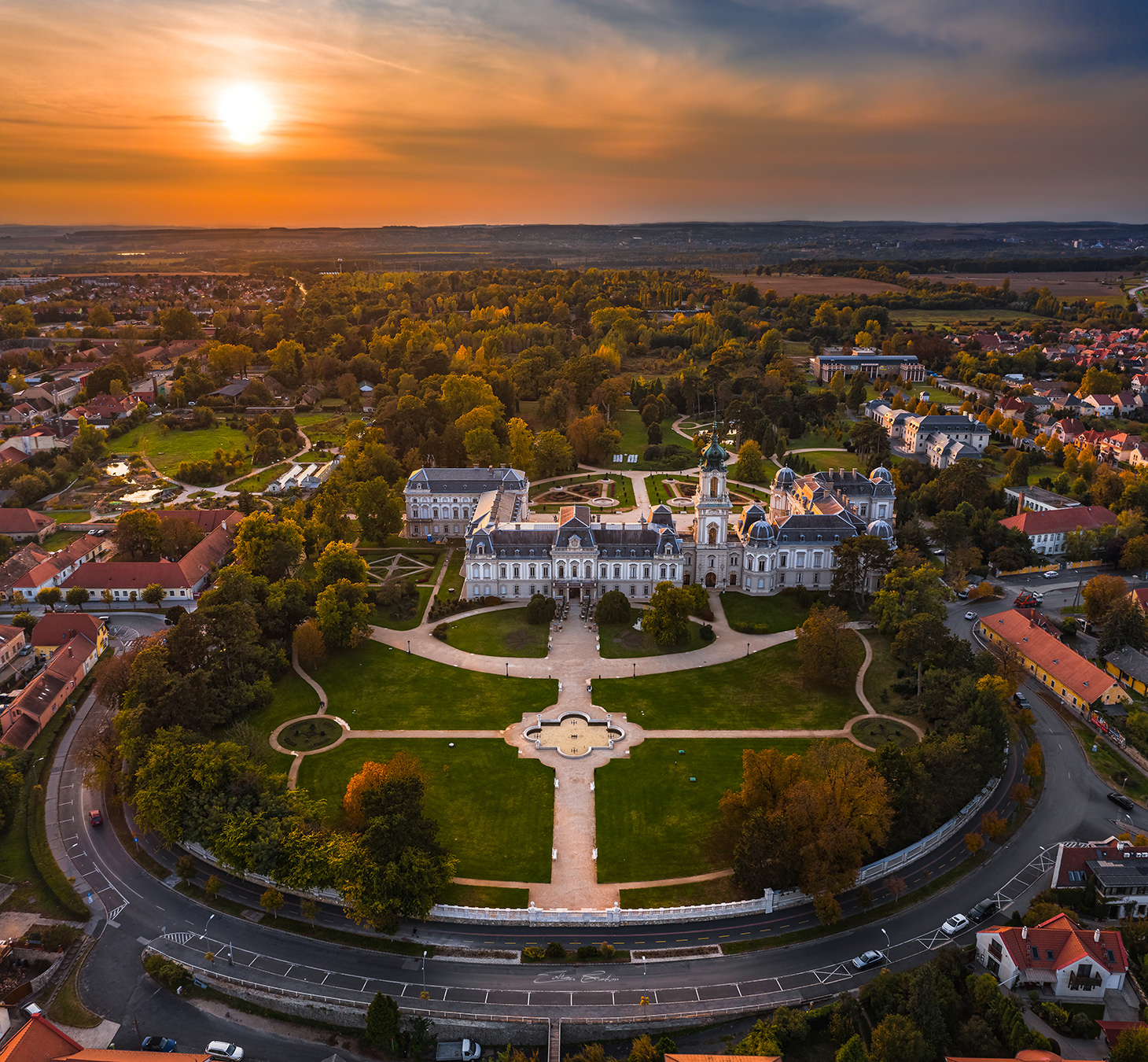 Aerial view of Festetics Palace at sunset