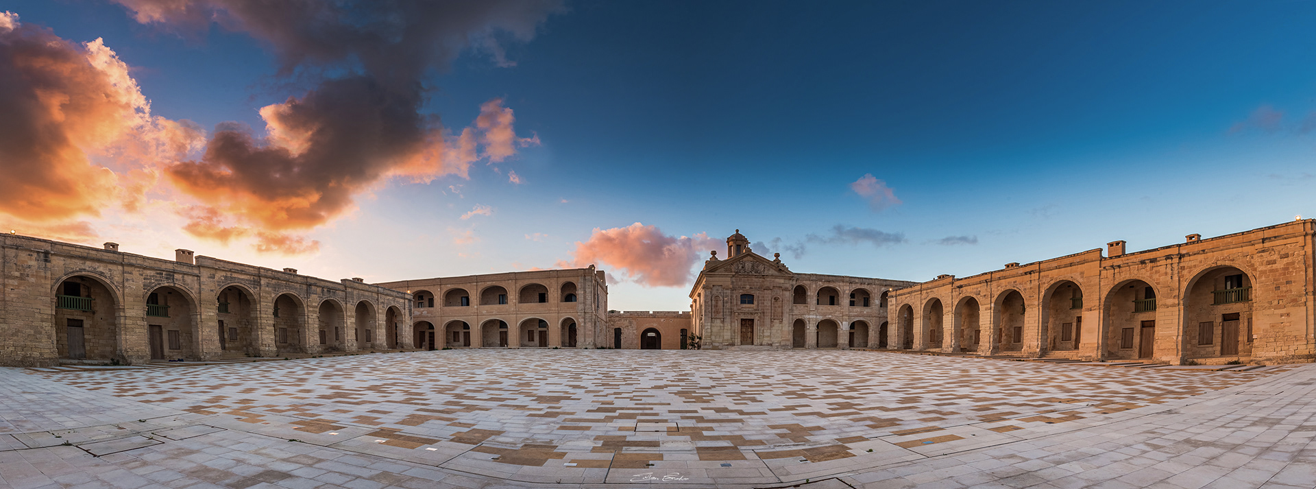Panoramic view about the inside of Fort Manoel at sunset