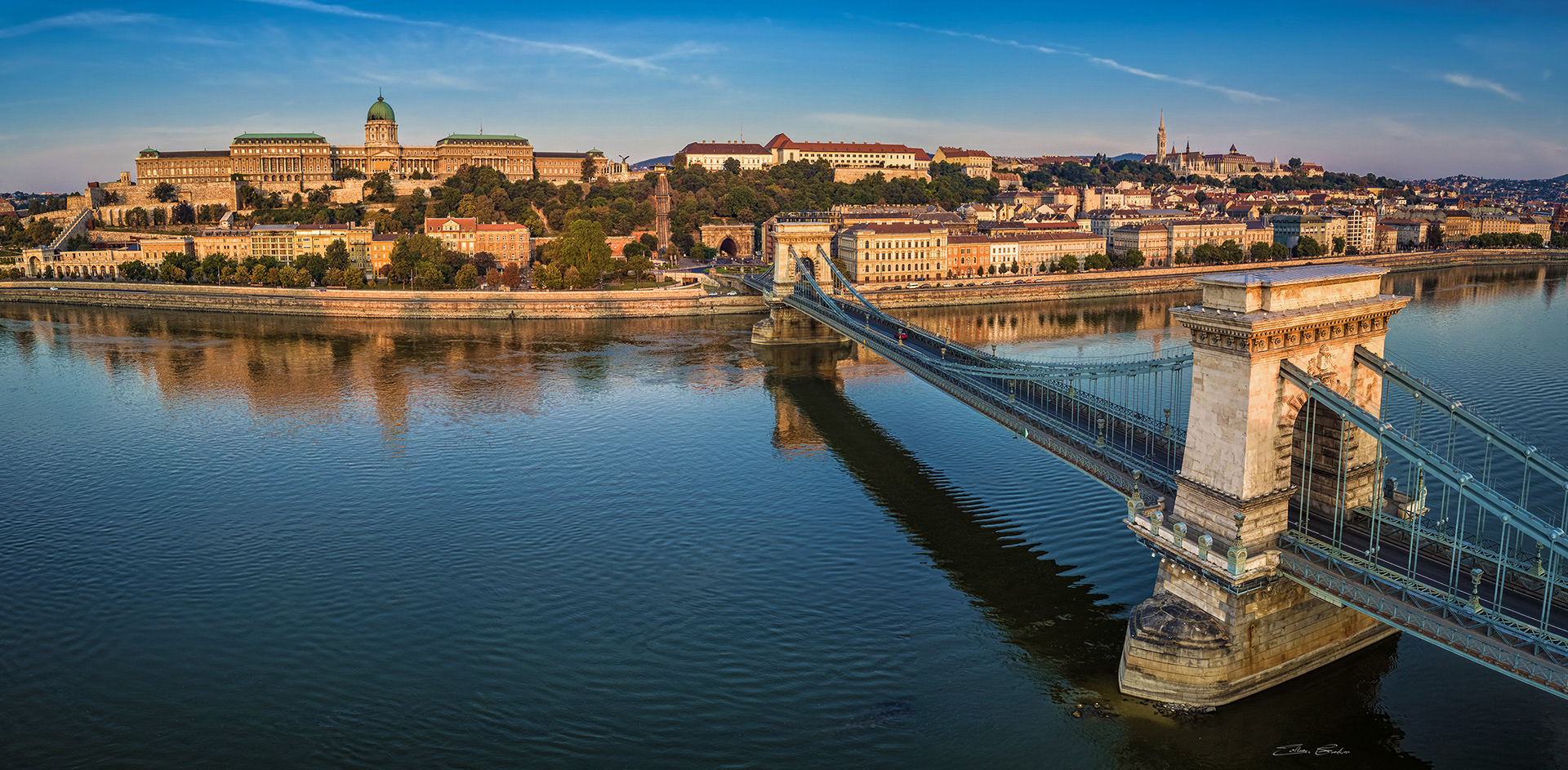 Széchenyi Chain Bridge and Buda Castle Royal Palace in golden morning lights