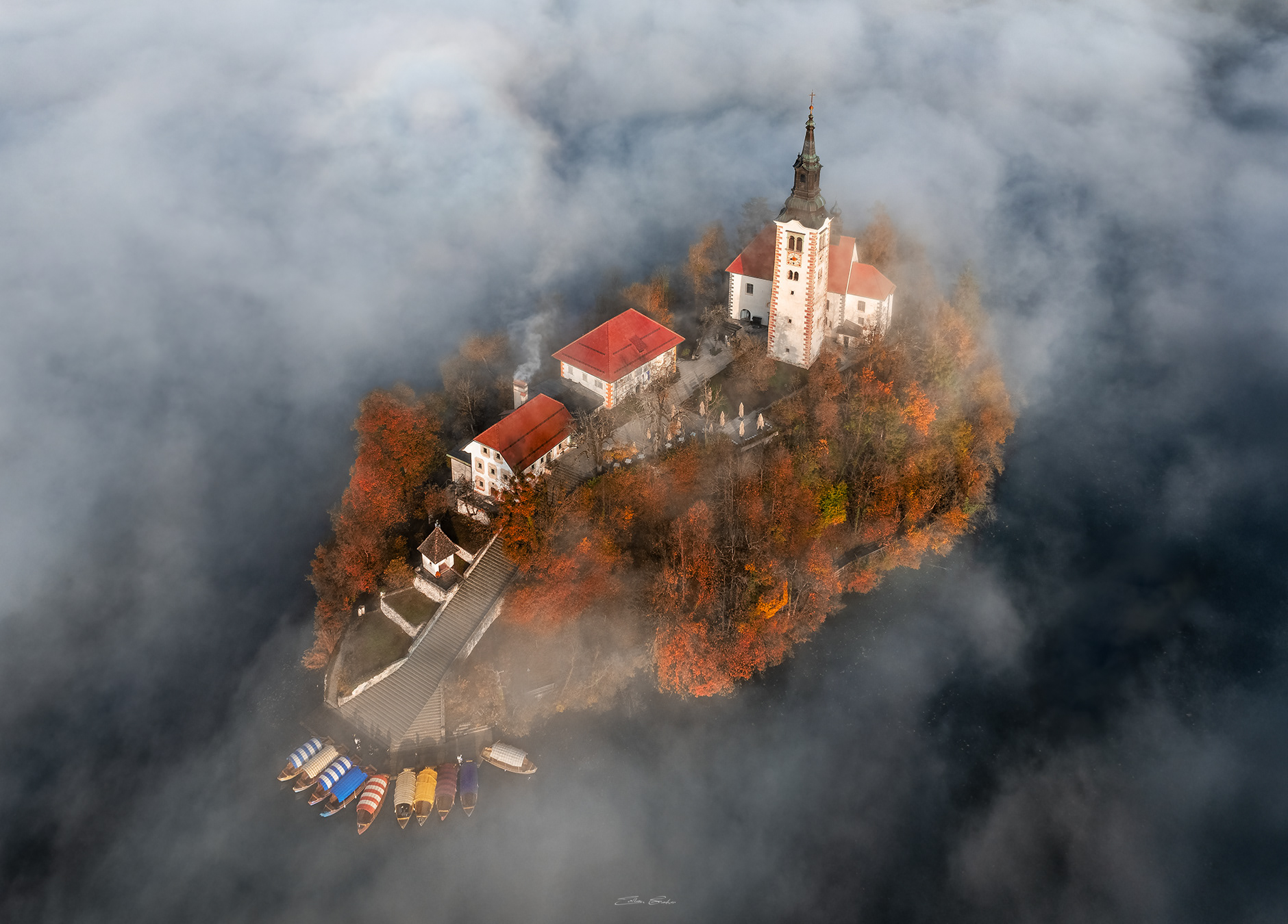 Bled Island on a foggy autumn morning