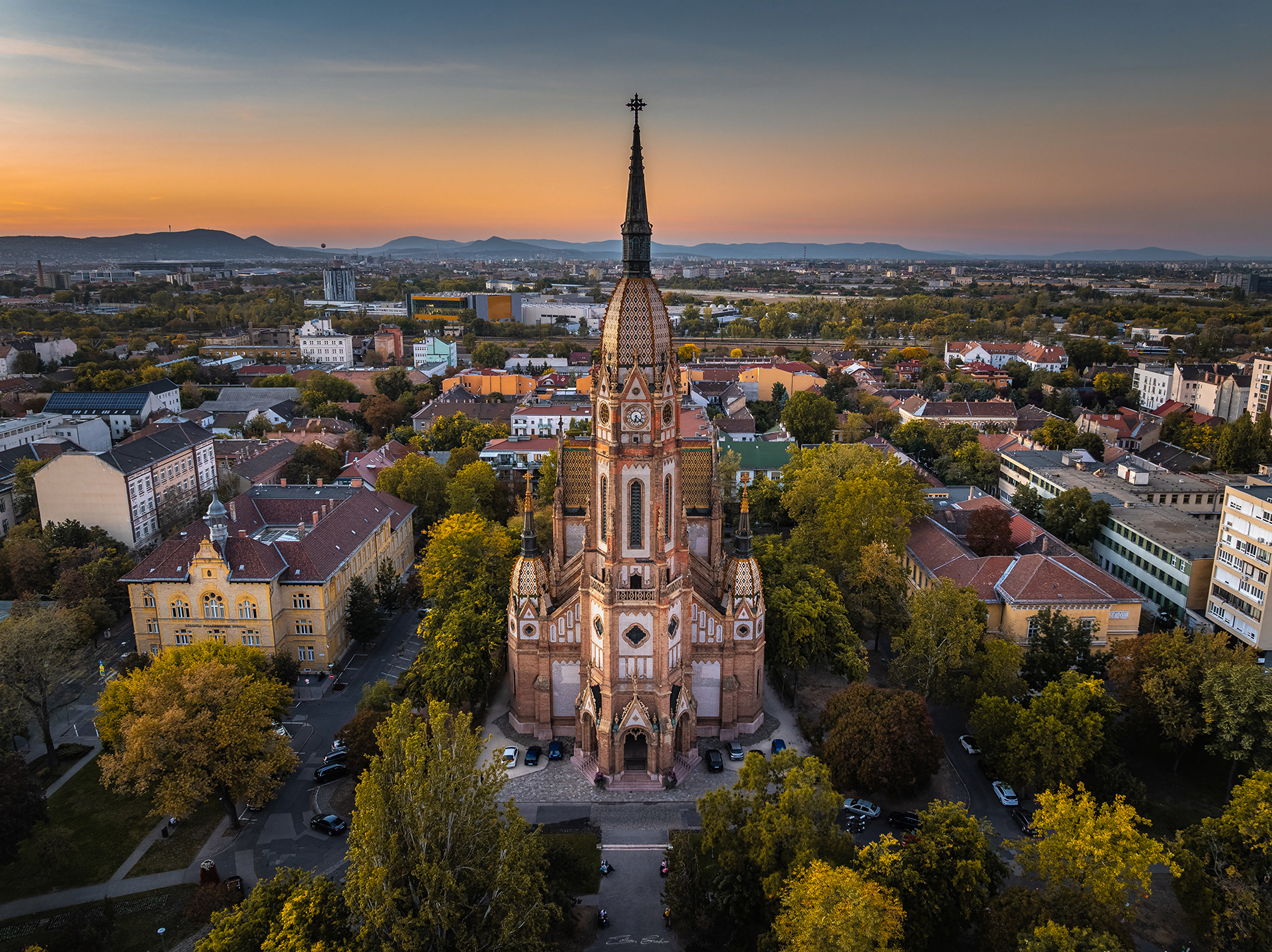 The Church of St. László from above at sunset