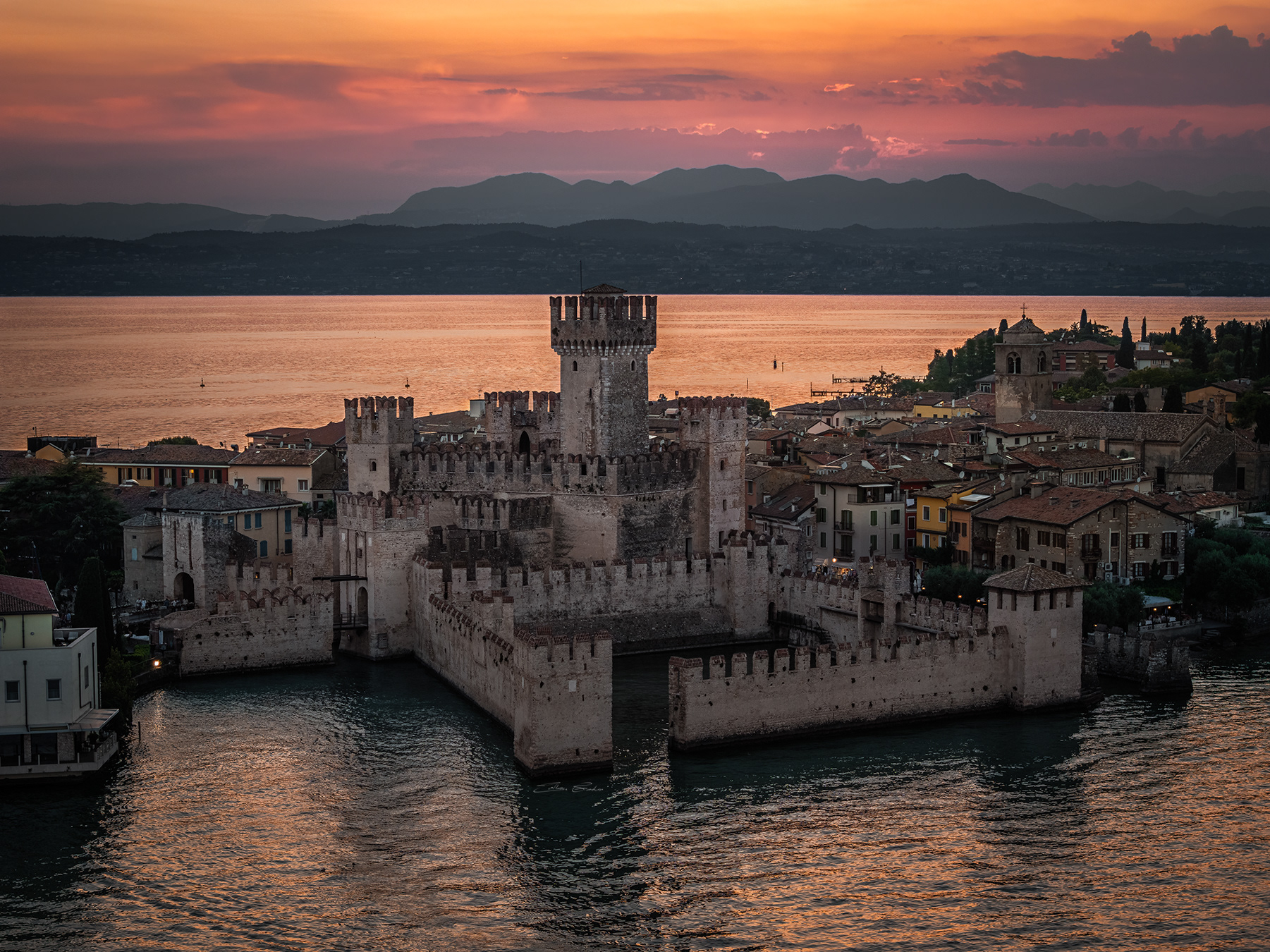 Scaligero Castle at sunset from above - Sirmione, Italy