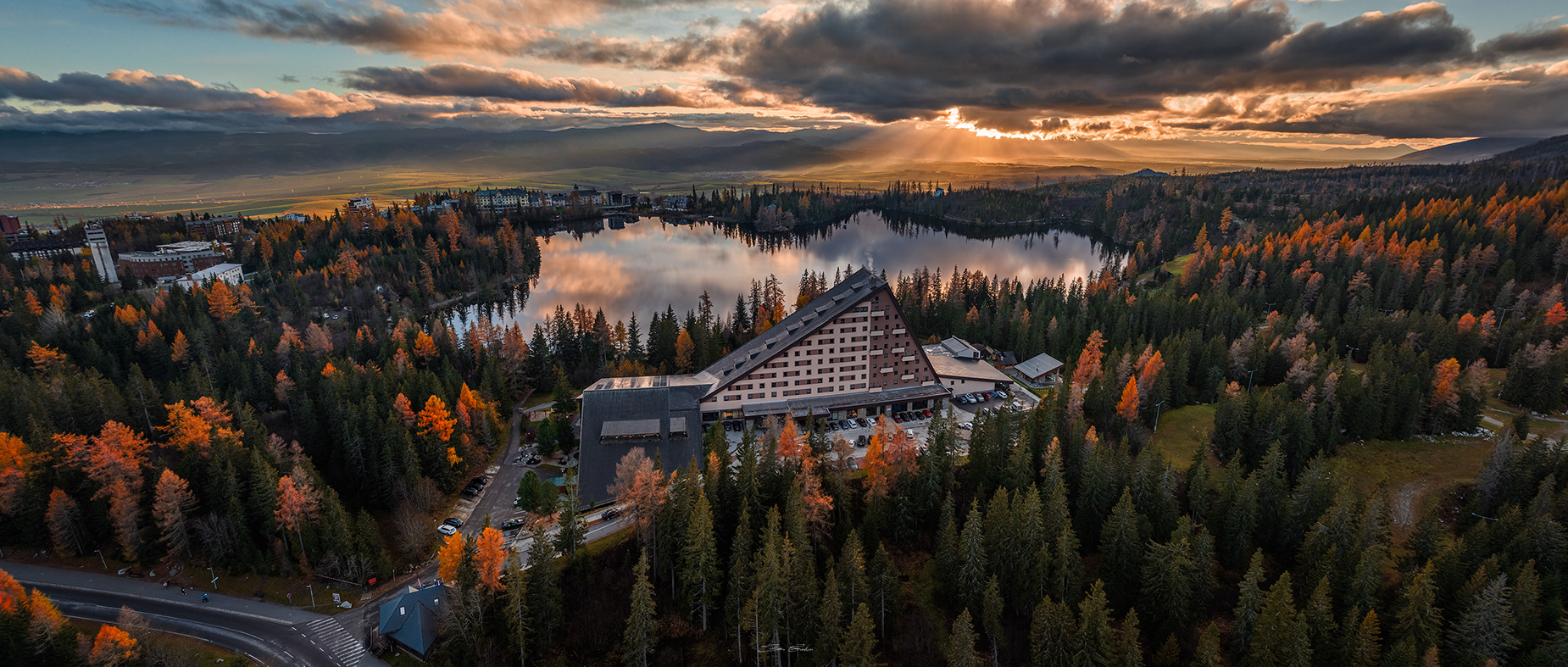 Aerial panoramic view of Strbske lake