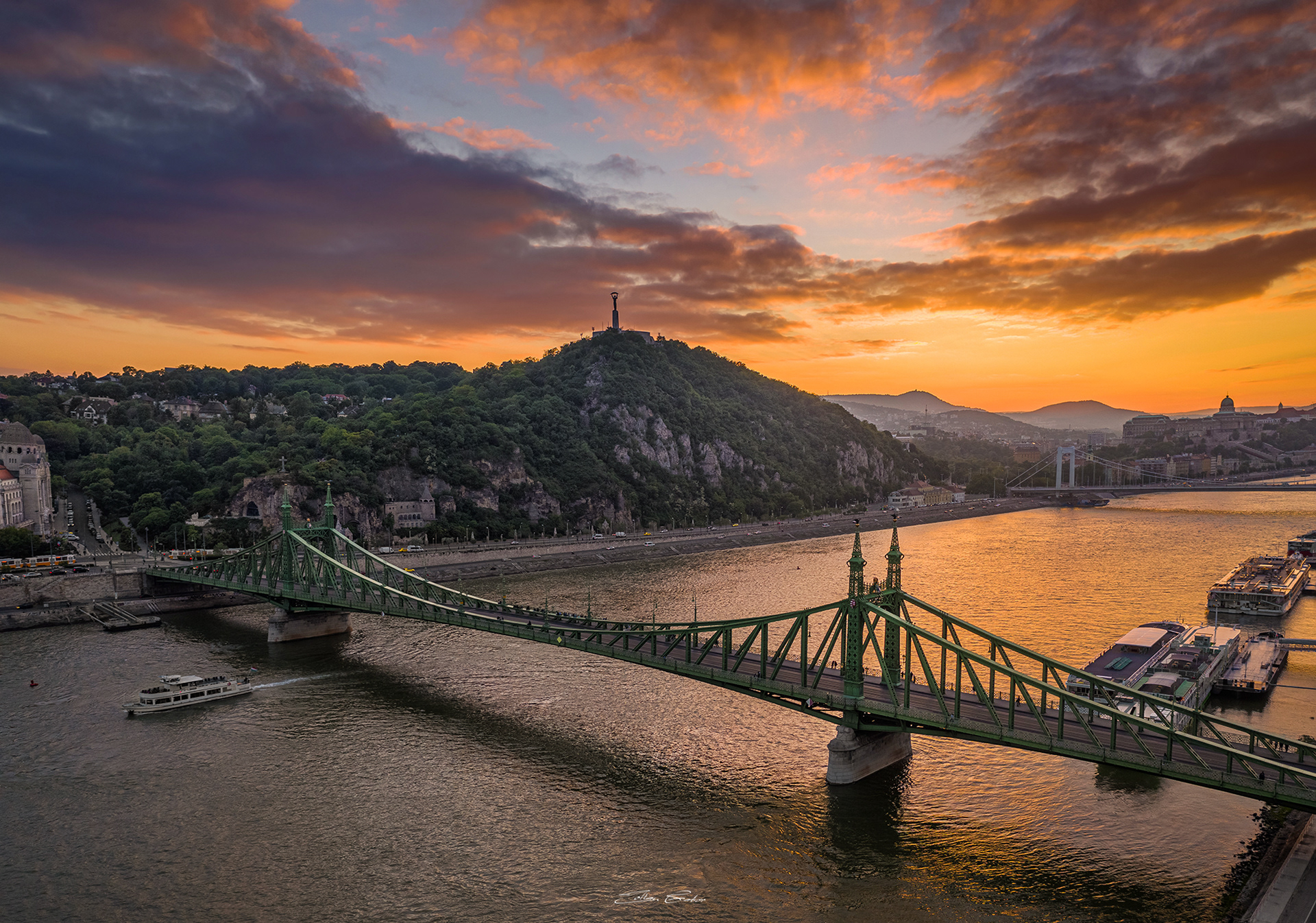 Liberty Bridge and Gellert Hill at sunset