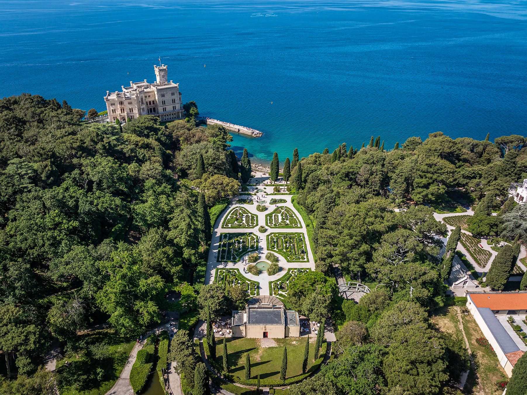 Miramare Castle and garden from above - Trieste, Italy