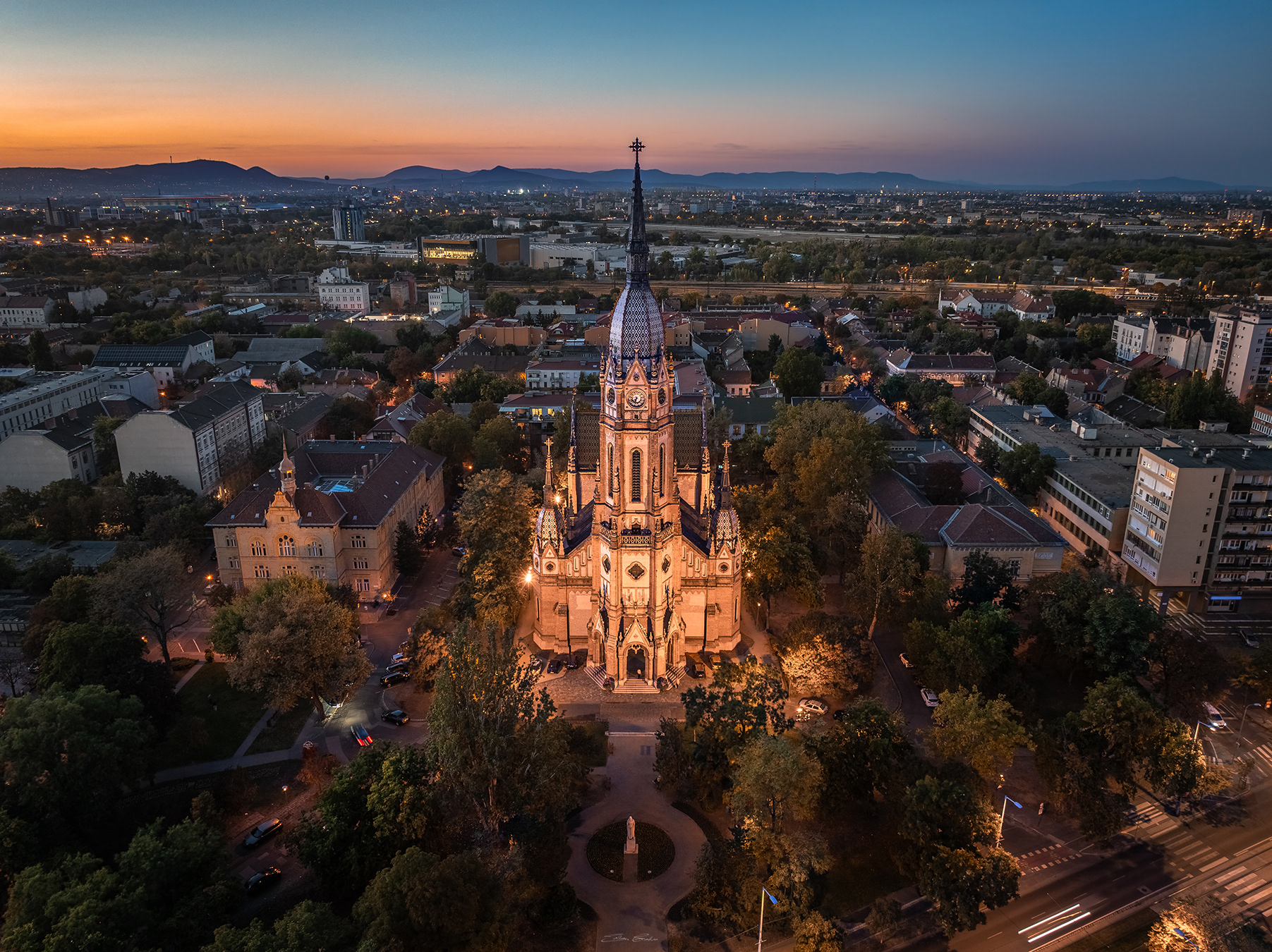 The Church of St. László from above at dusk