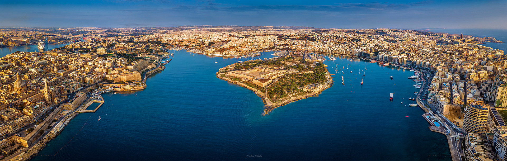 Aerial panoramic view of Manoel Island, Valletta and Sliema