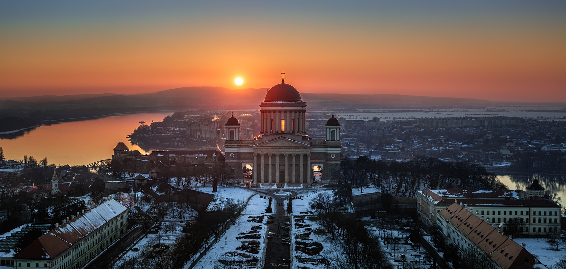Panoramic view of Basilica of Esztergom at winter time