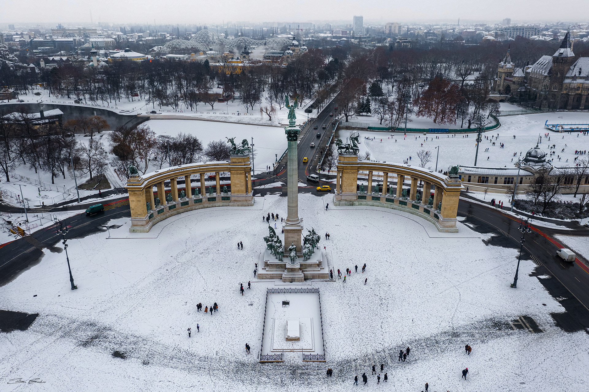 Snowy Heroes' Square at Winter time
