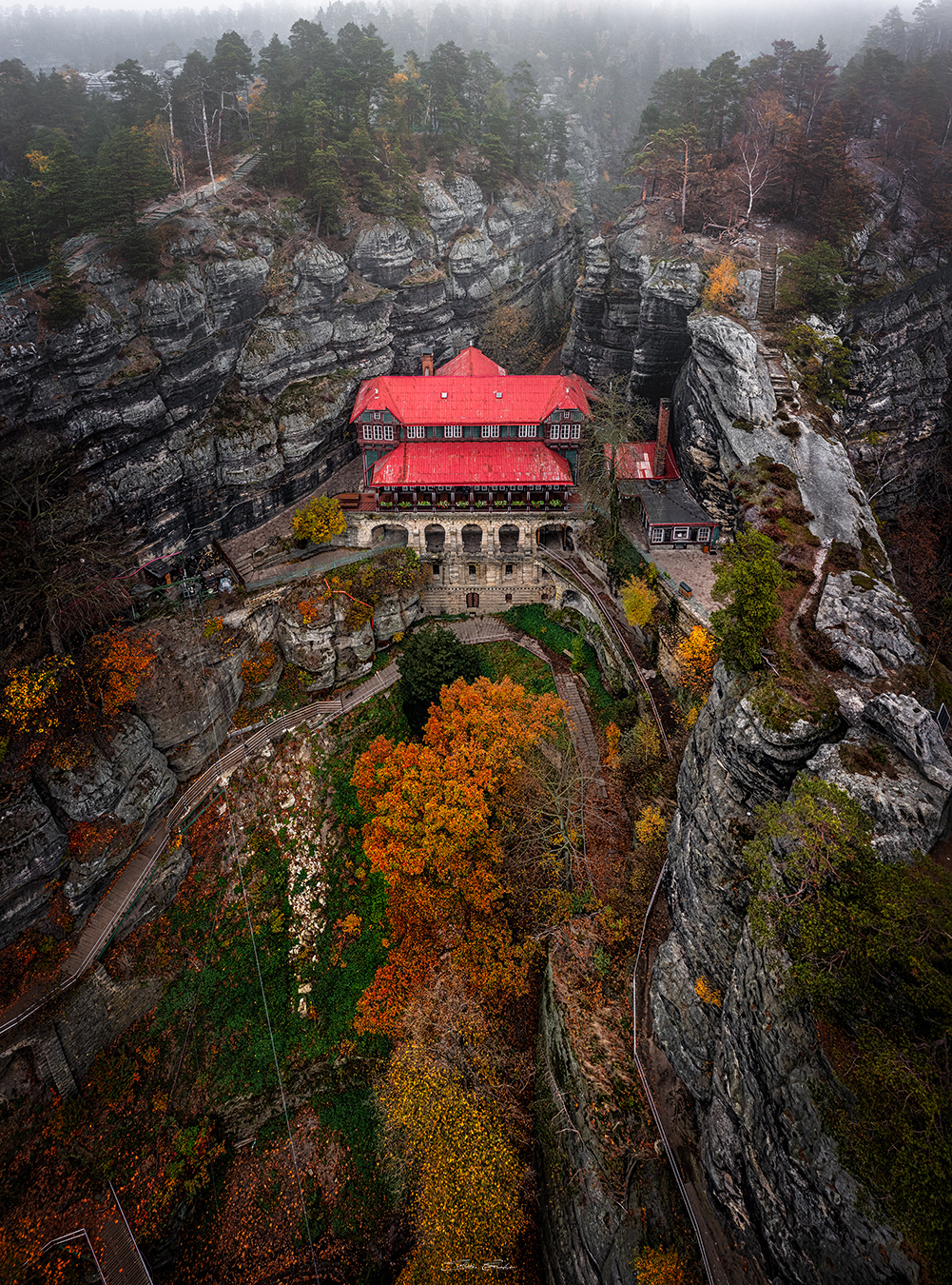 Aerial view of the Falcon's Nest at ravčická brána (Pravcicka Archway)