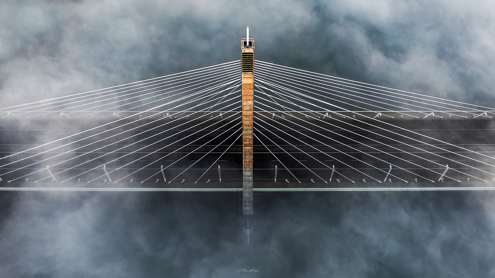Megyeri Bridge in heavy autumn fog from above