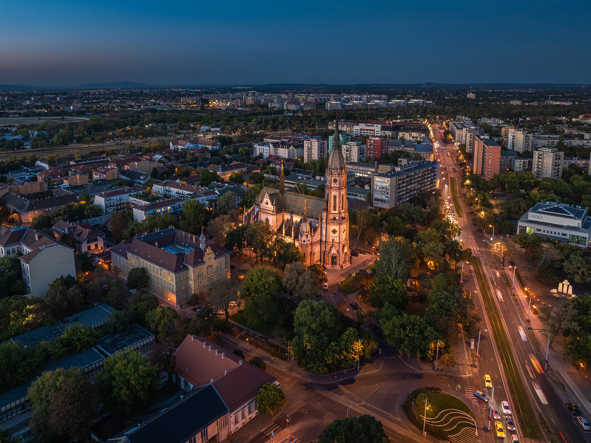 The Church of St. László from above at dusk