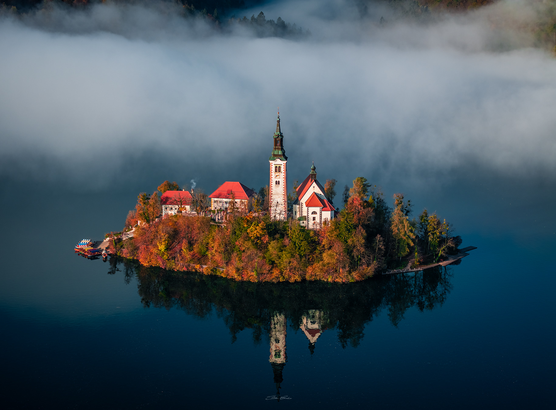 Aerial view of Church of the Assumption of Mary - Lake Bled