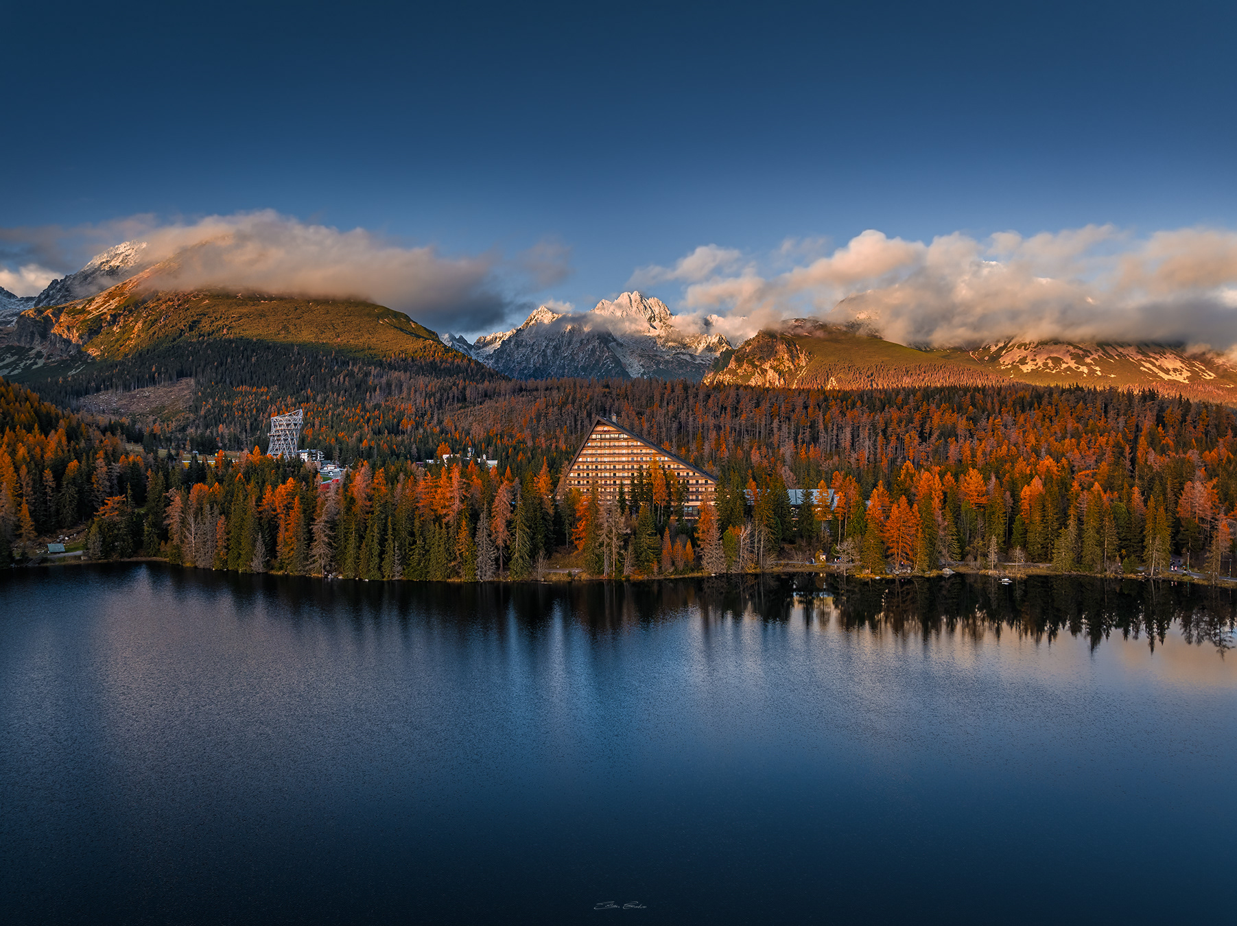 Aerial panoramic view of Strbske lake