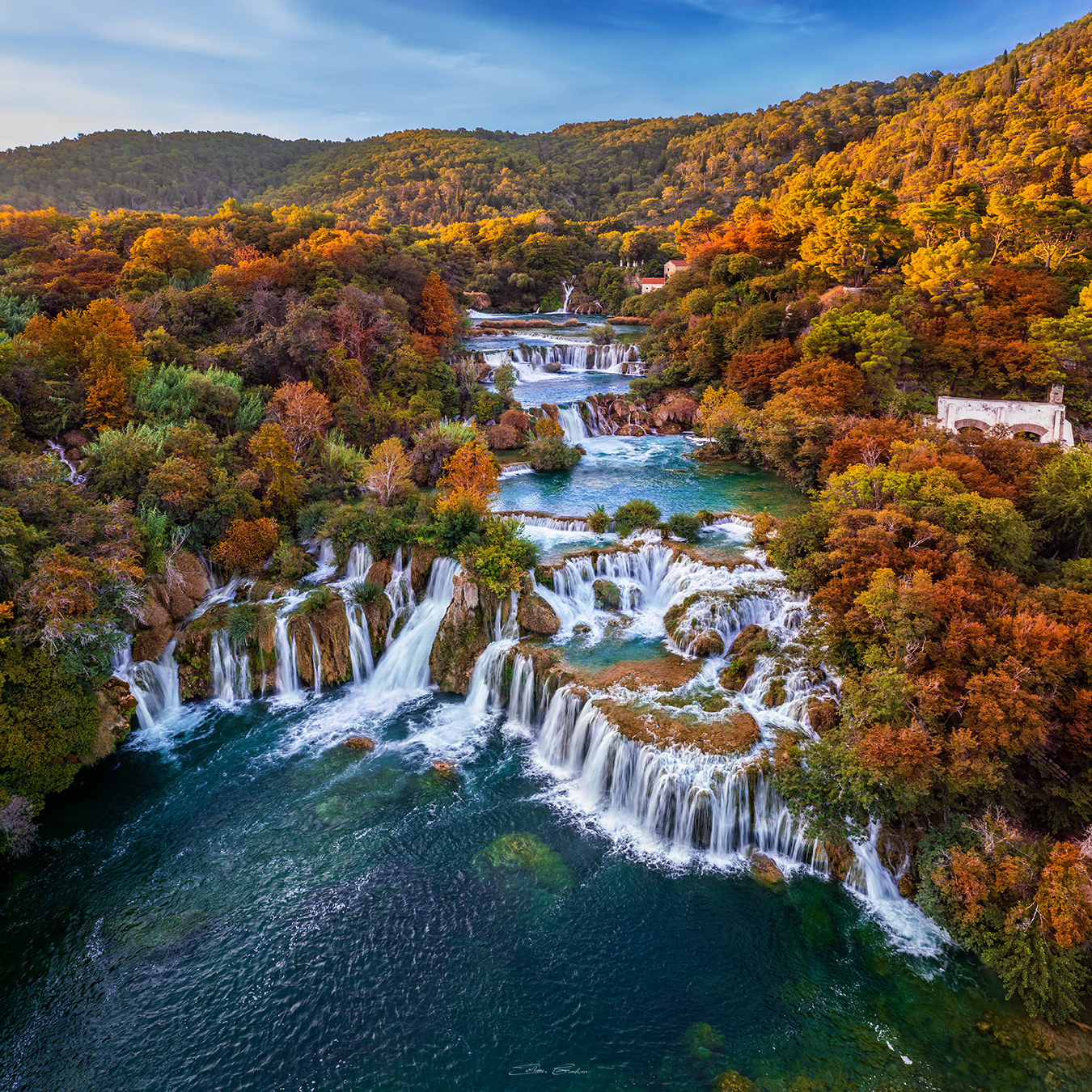 Aerial view of Krka Waterfalls at autumn