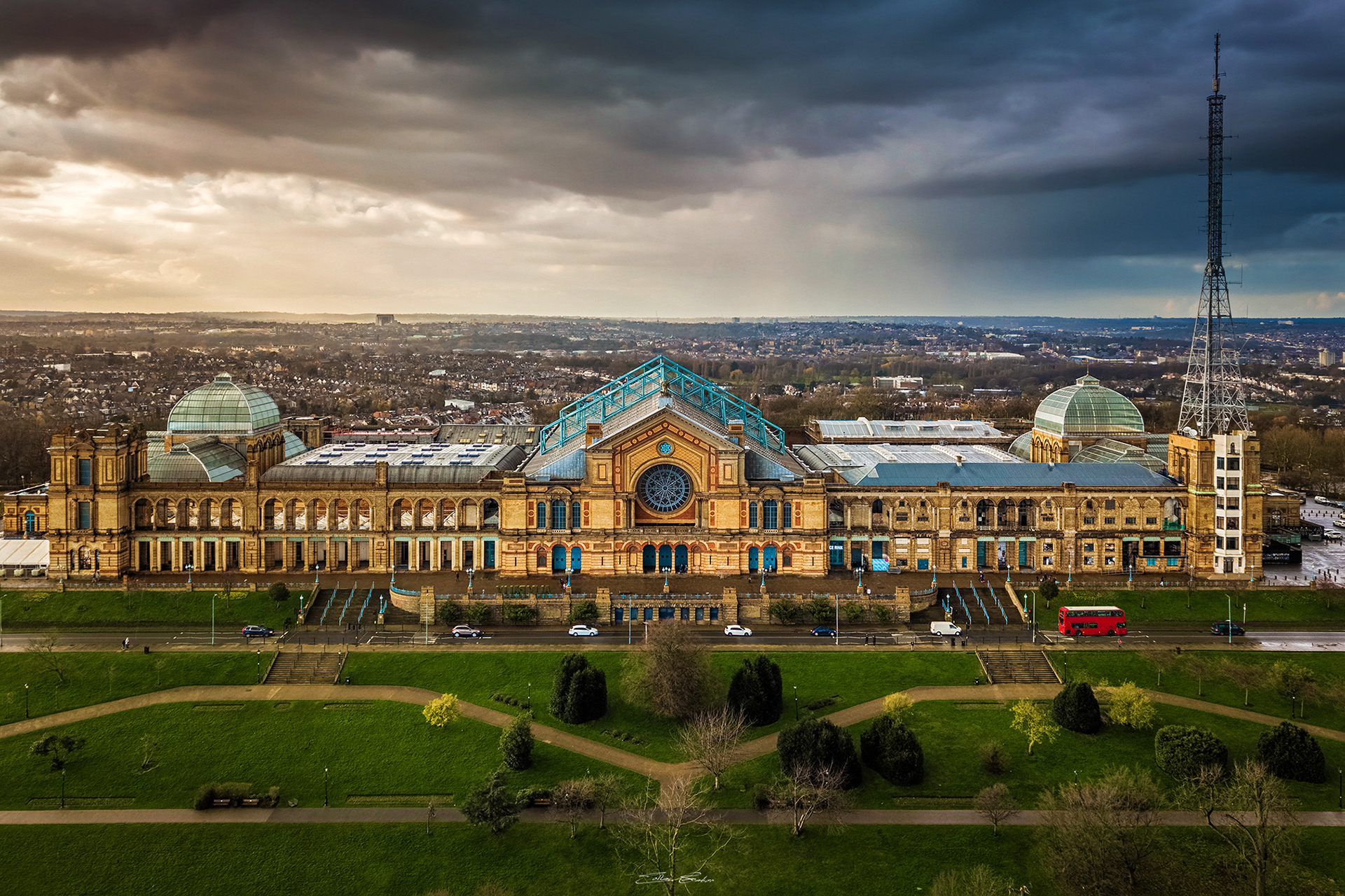 Ally Pally - Alexandra Palace with dark storm clouds behind at sunset