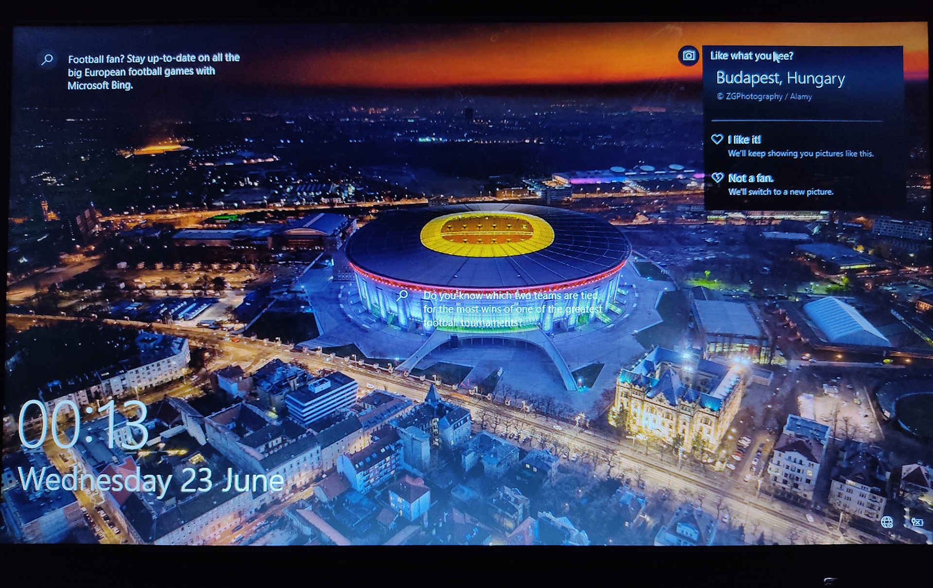 My photo of Puskás Arena on Windows 10 login screen